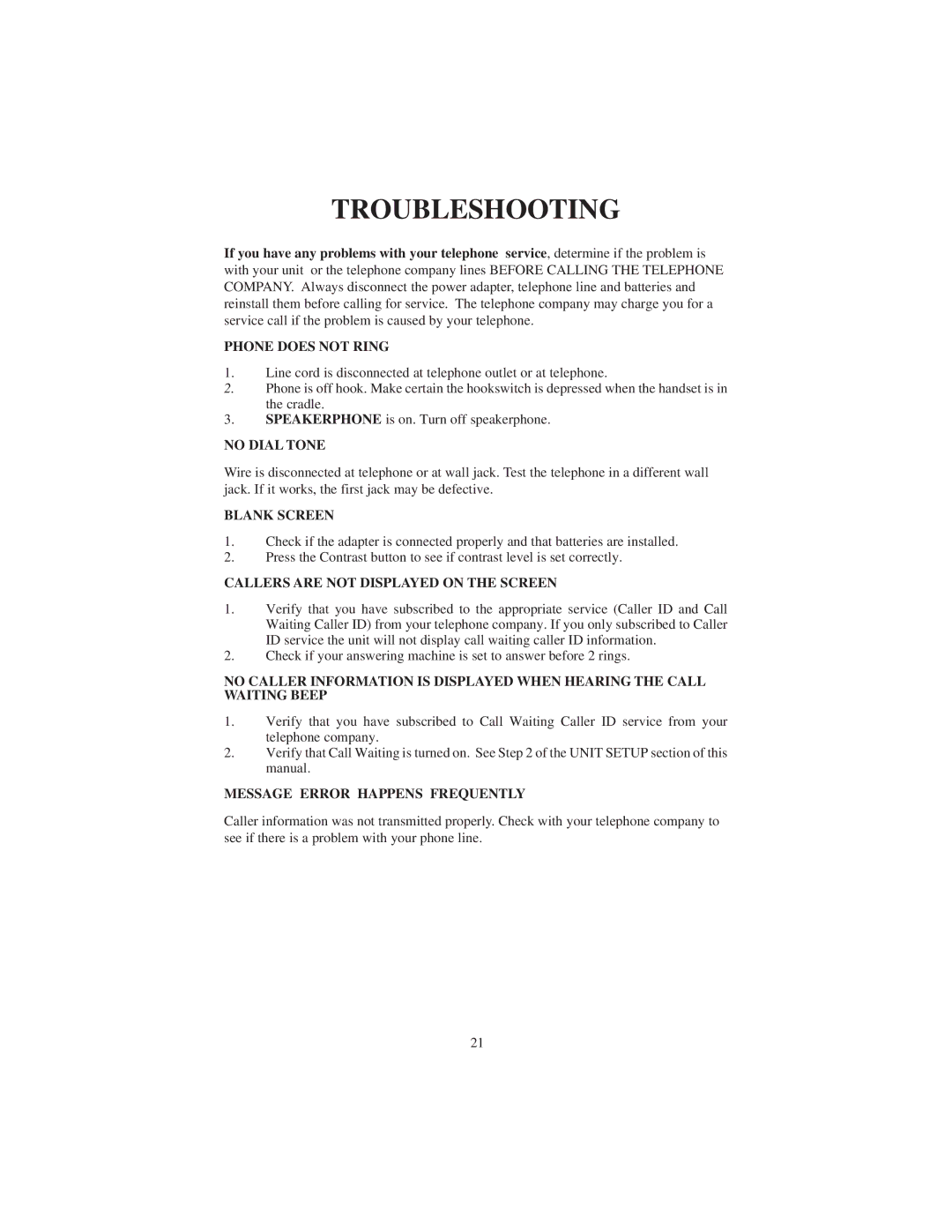 Cortelco 9125 instruction manual Troubleshooting 