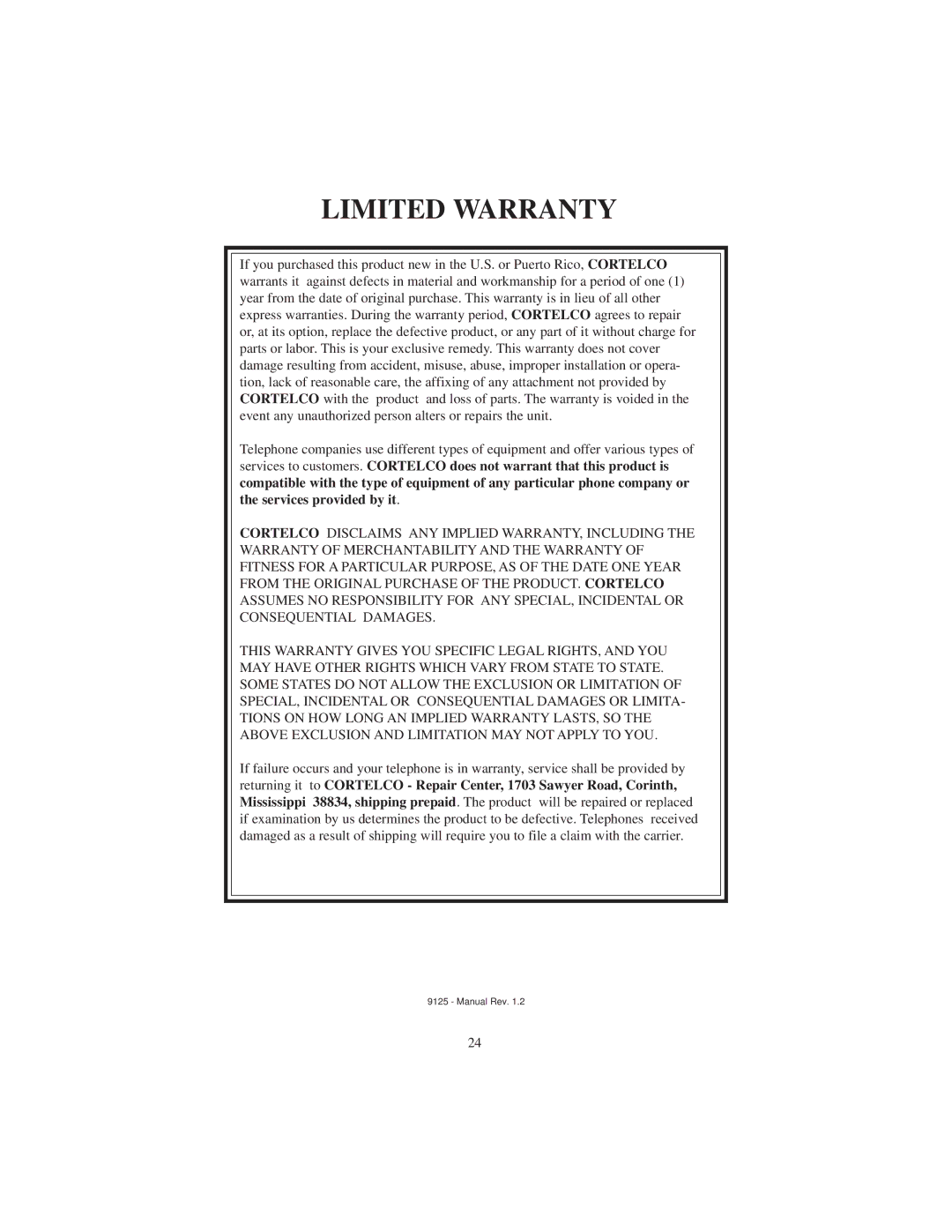 Cortelco 9125 instruction manual Limited Warranty 