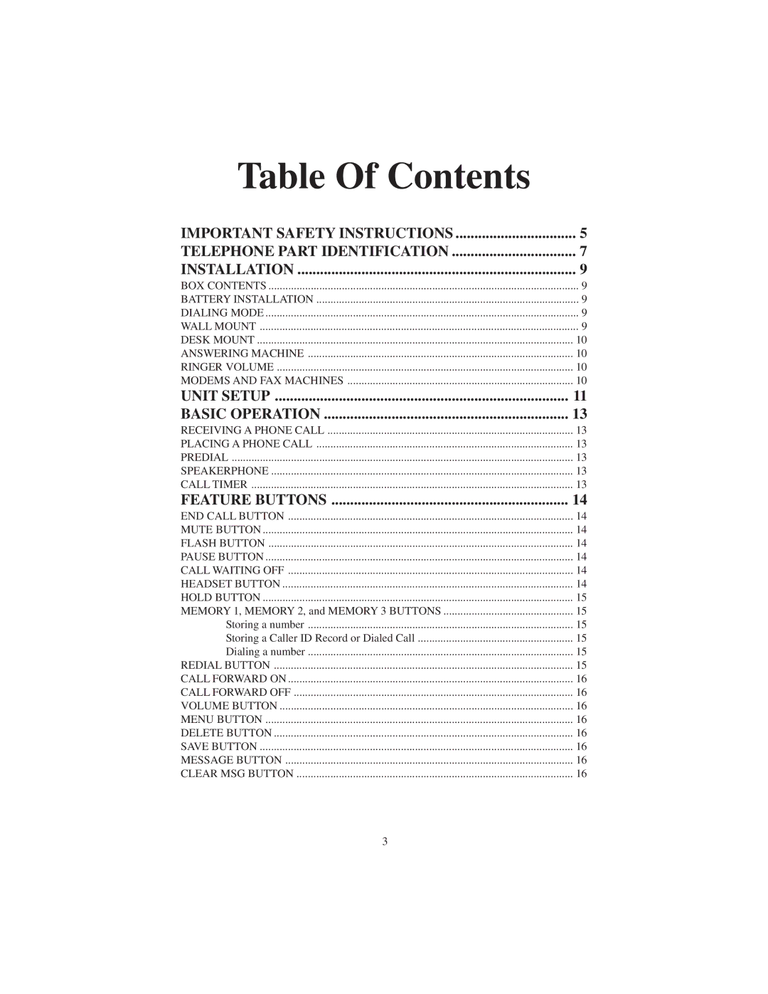 Cortelco 9125 instruction manual Table Of Contents 