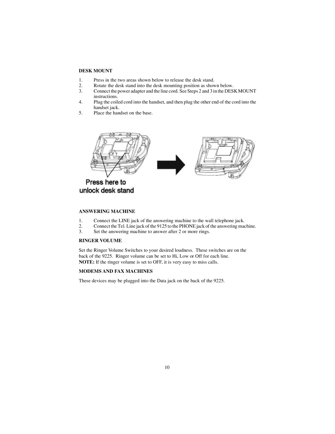 Cortelco 9225 instruction manual Desk Mount, Answering Machine, Ringer Volume, Modems and FAX Machines 