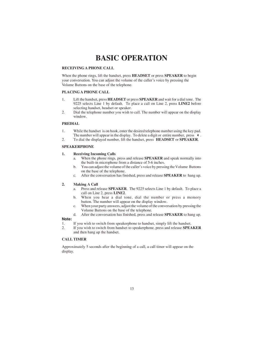 Cortelco 9225 instruction manual Basic Operation 