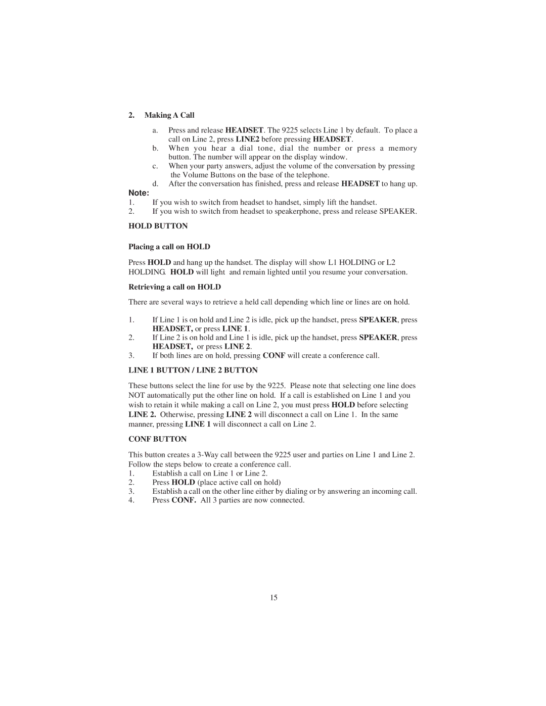 Cortelco 9225 instruction manual Hold Button, Line 1 Button / Line 2 Button, Conf Button 