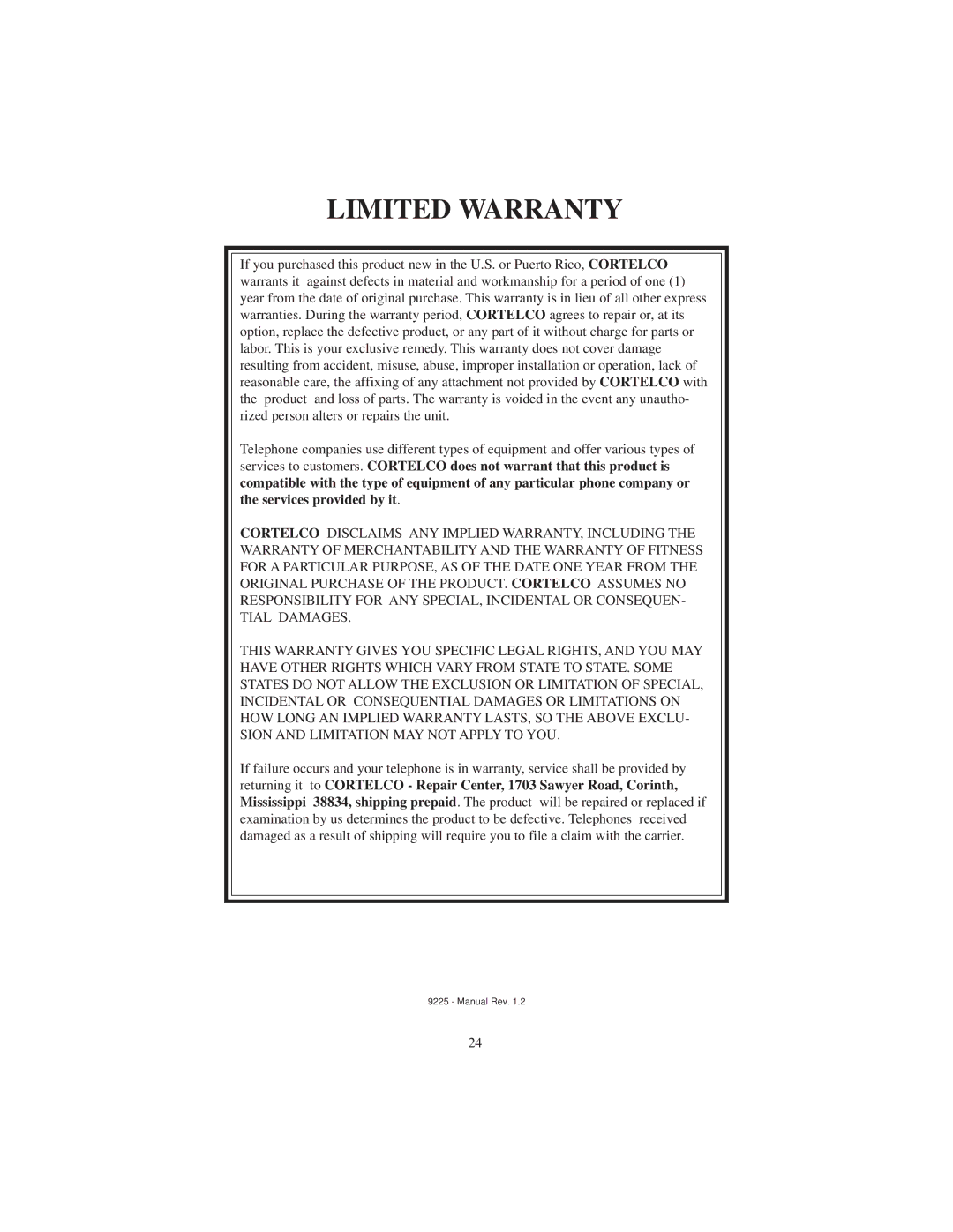 Cortelco 9225 instruction manual Limited Warranty 