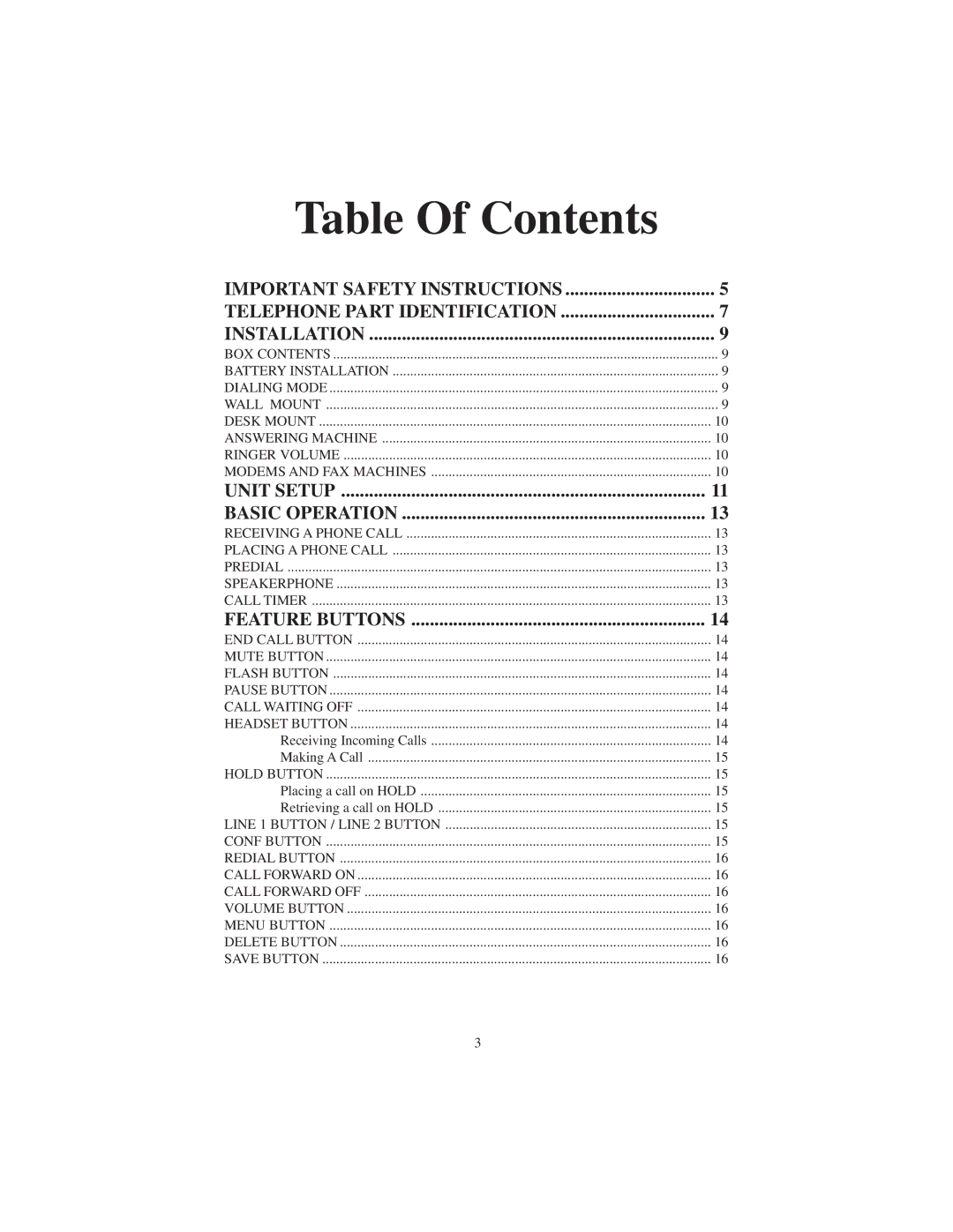 Cortelco 9225 instruction manual Table Of Contents 