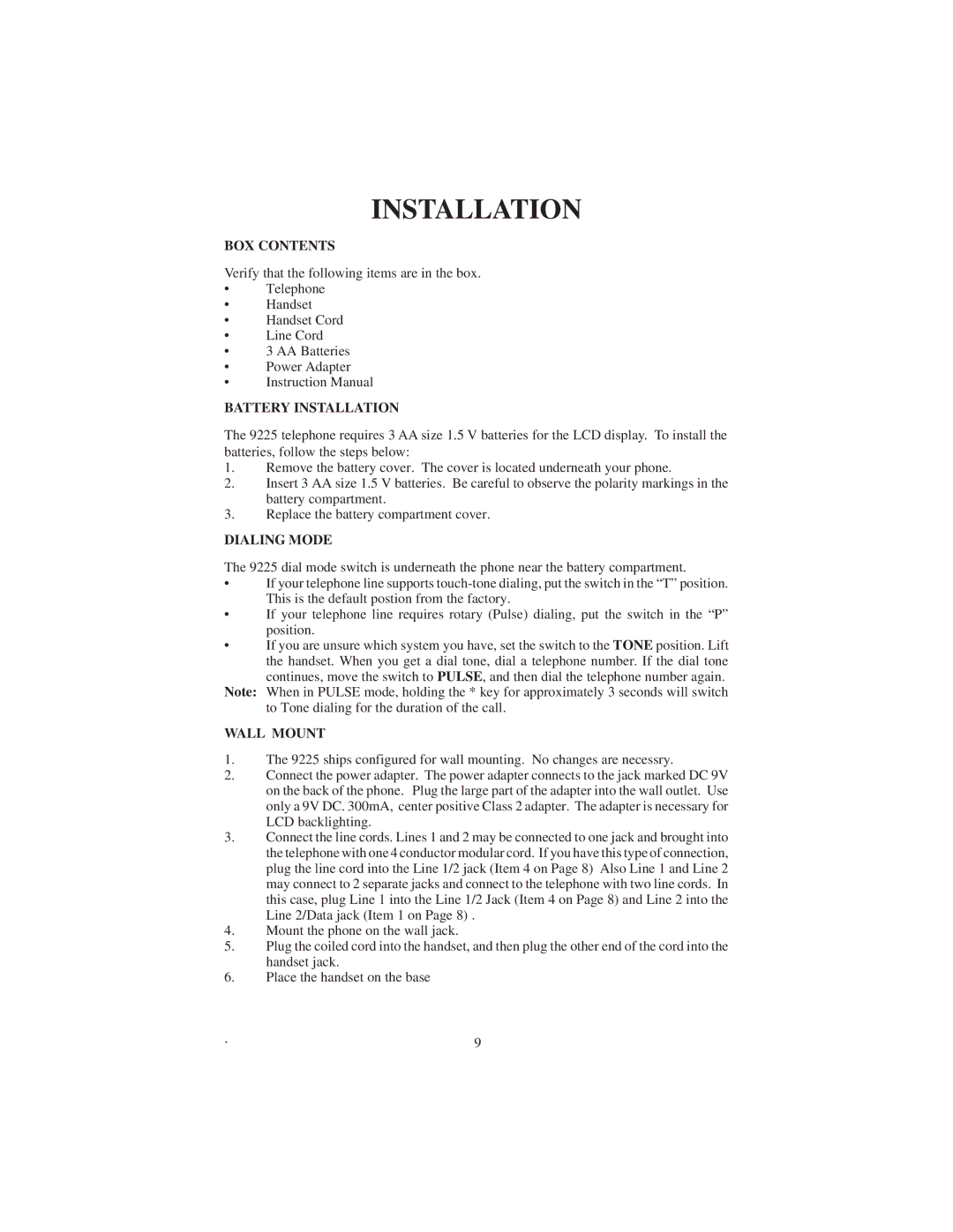 Cortelco 9225 instruction manual BOX Contents, Battery Installation, Dialing Mode, Wall Mount 