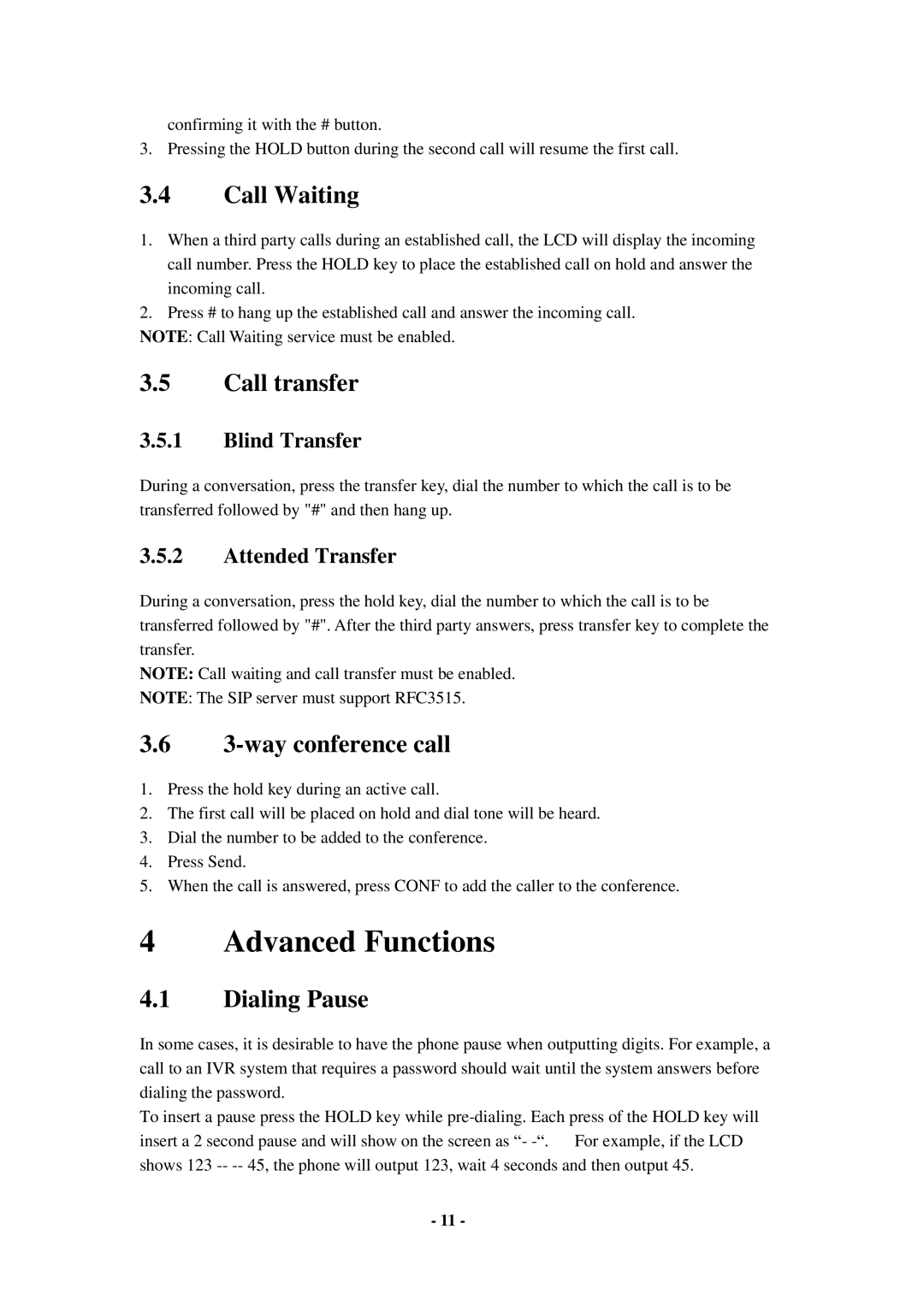 Cortelco C56 user manual Call Waiting, Call transfer, way conference call, Dialing Pause 