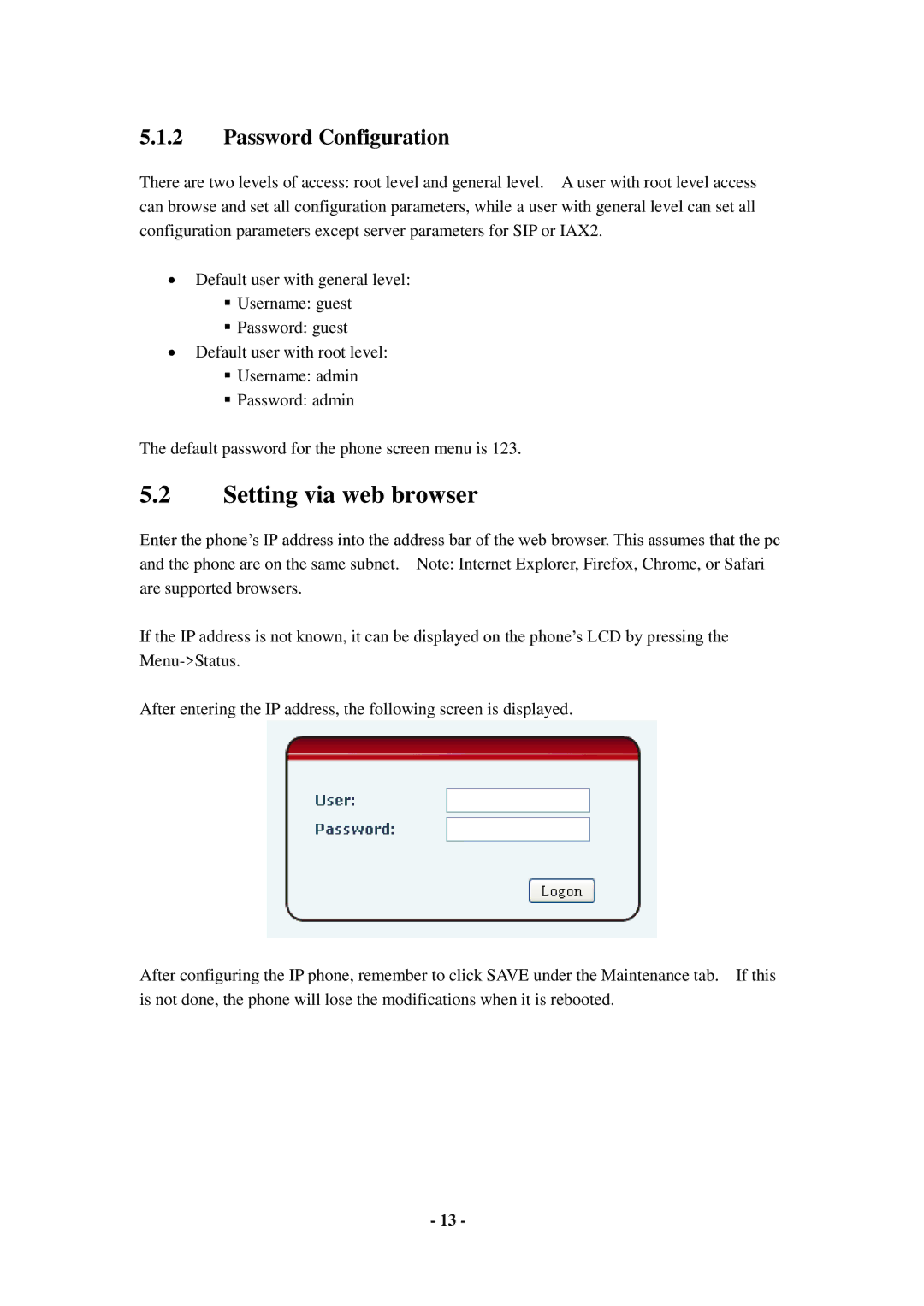 Cortelco C56 user manual Setting via web browser, Password Configuration 