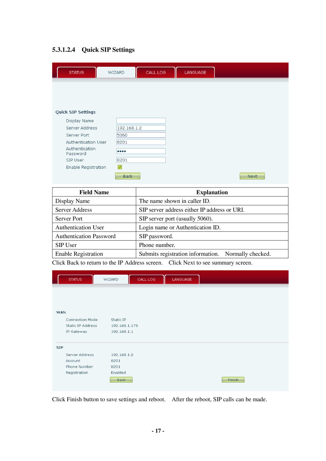 Cortelco C56 user manual Quick SIP Settings 