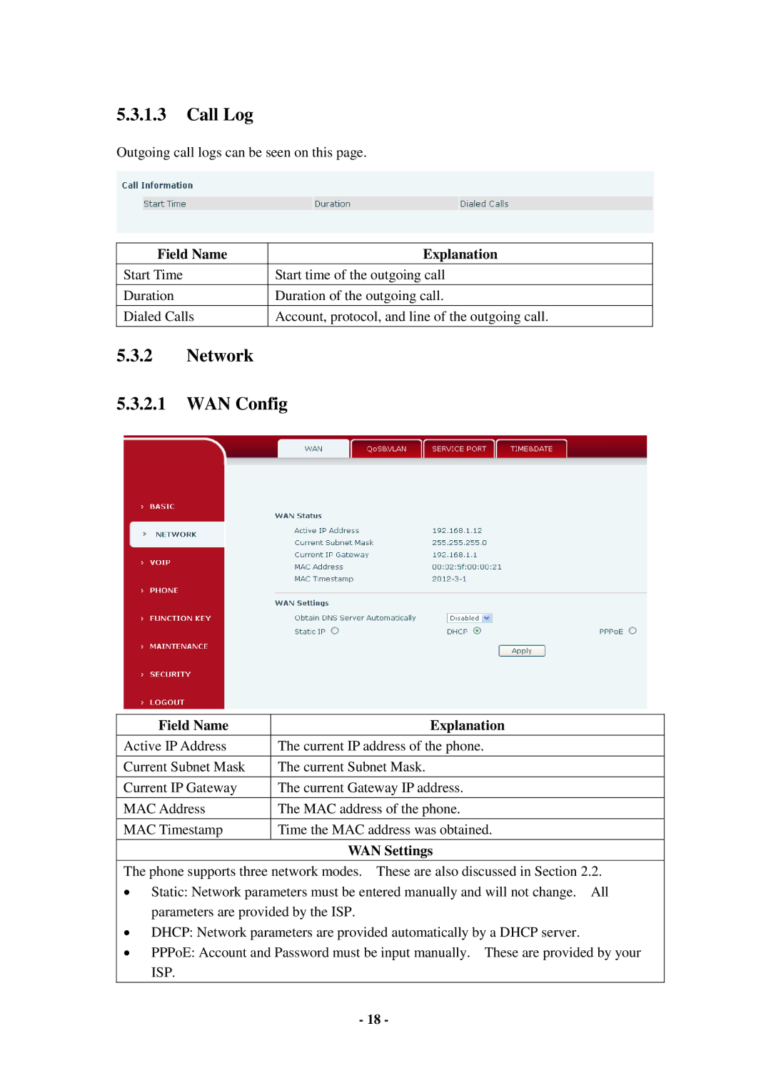 Cortelco C56 user manual Call Log, Network WAN Config, WAN Settings 