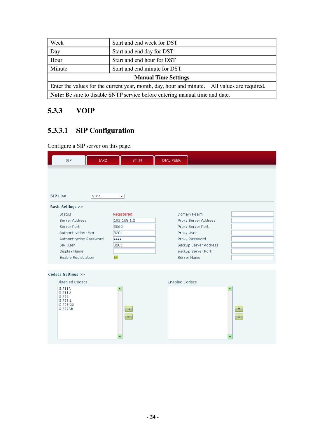 Cortelco C56 user manual Voip SIP Configuration, Manual Time Settings 