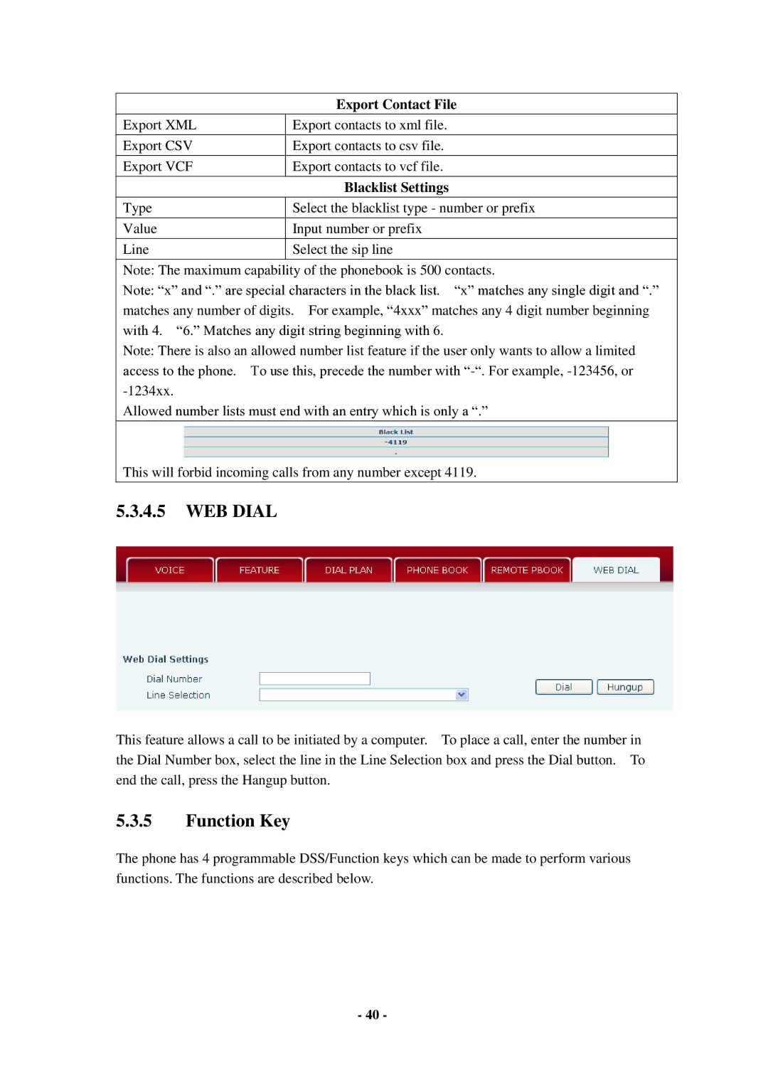 Cortelco C56 user manual WEB Dial, Function Key, Export Contact File, Blacklist Settings 