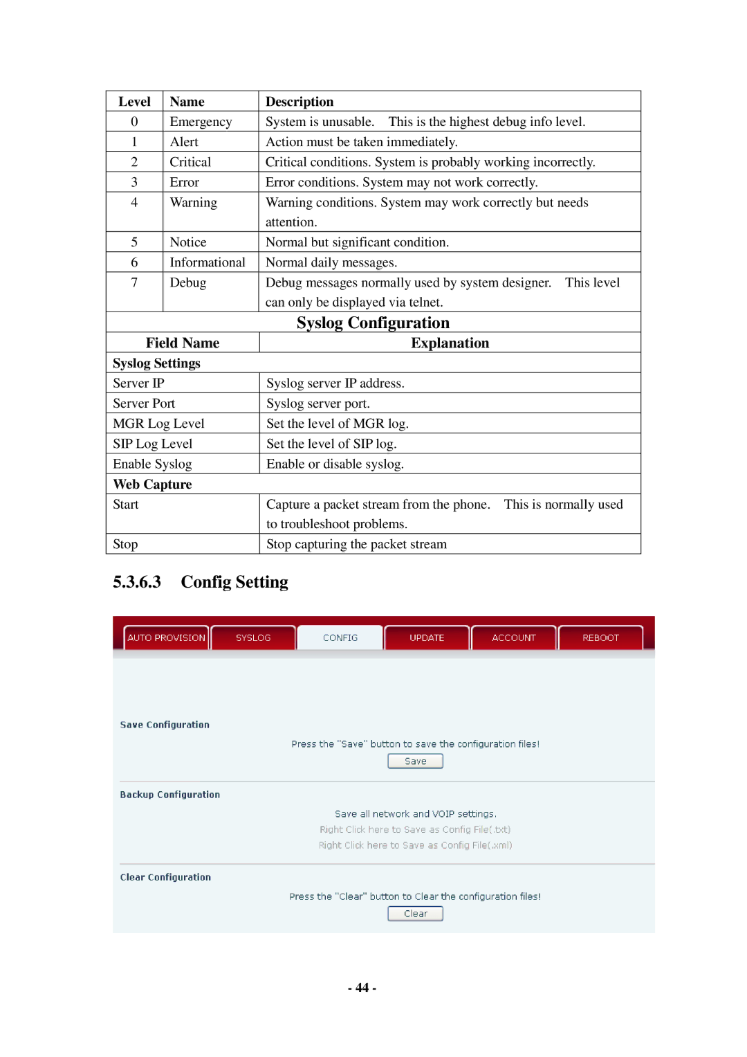 Cortelco C56 user manual Config Setting, Level Name Description, Syslog Settings, Web Capture 