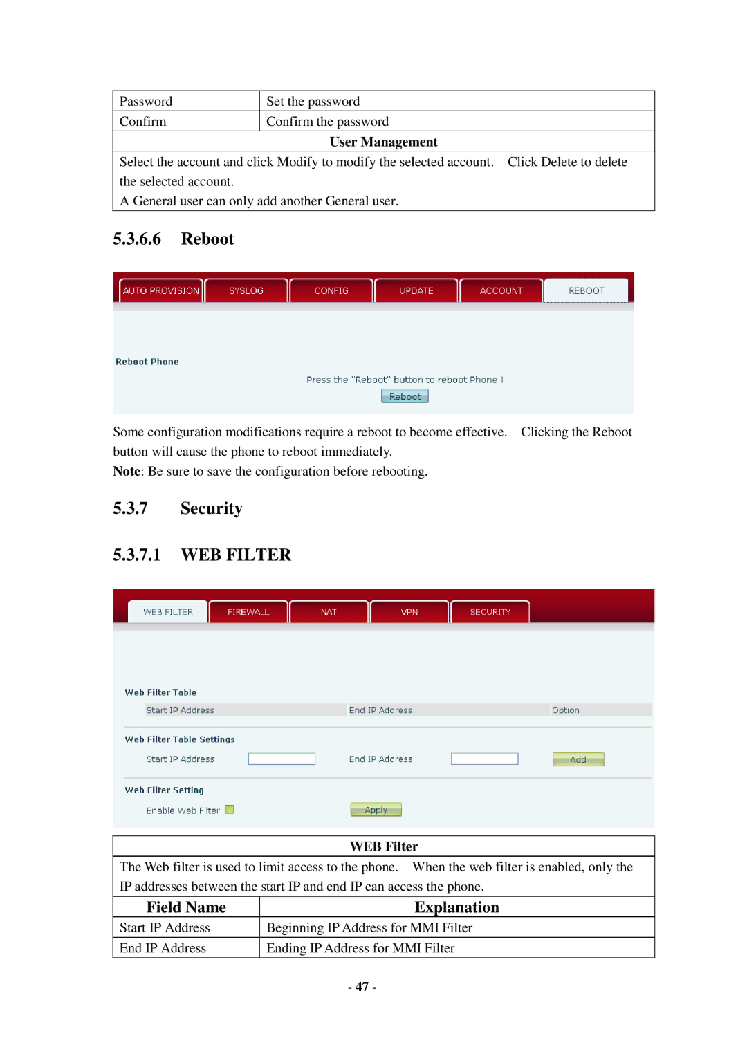 Cortelco C56 user manual Reboot, Security WEB Filter, User Management 