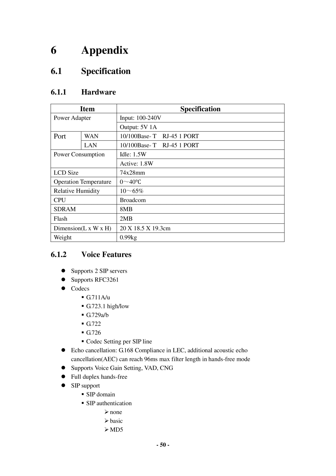 Cortelco C56 user manual Specification, Hardware, Voice Features 