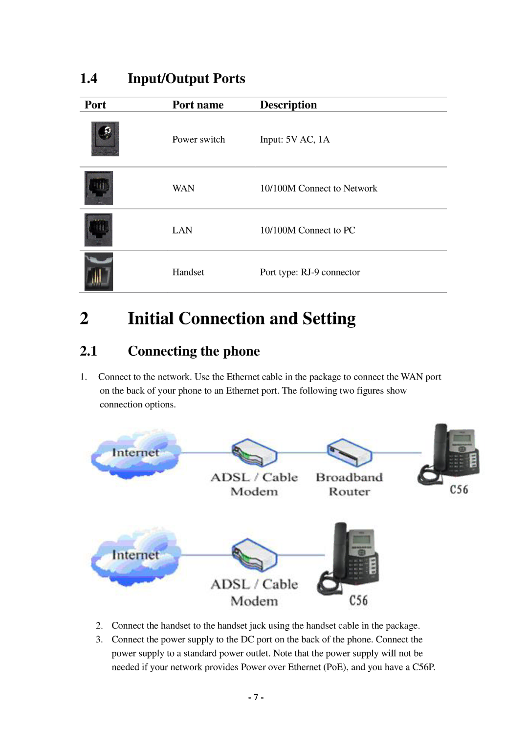 Cortelco C56 user manual Input/Output Ports, Connecting the phone, Power switch Input 5V AC, 1A 