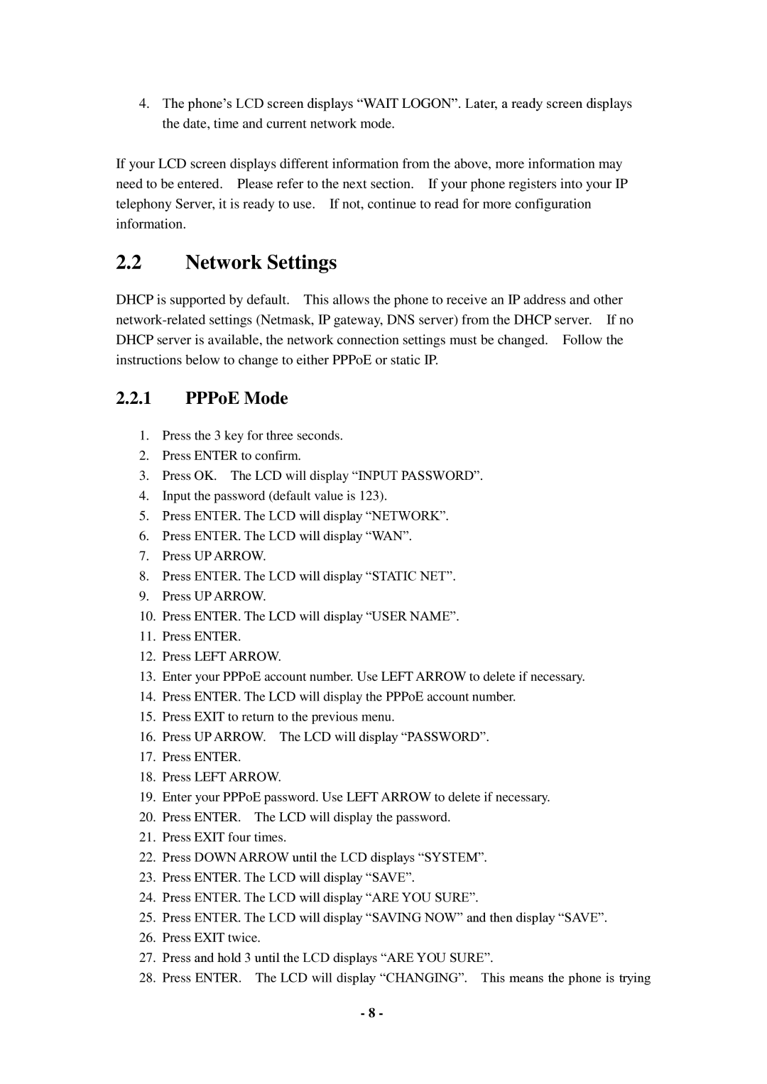 Cortelco C56 user manual Network Settings, PPPoE Mode 