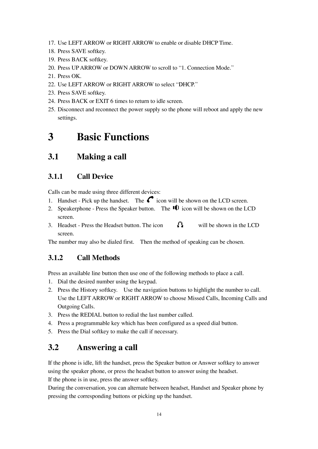 Cortelco C58P user manual Basic Functions, Making a call, Answering a call, Call Device, Call Methods 