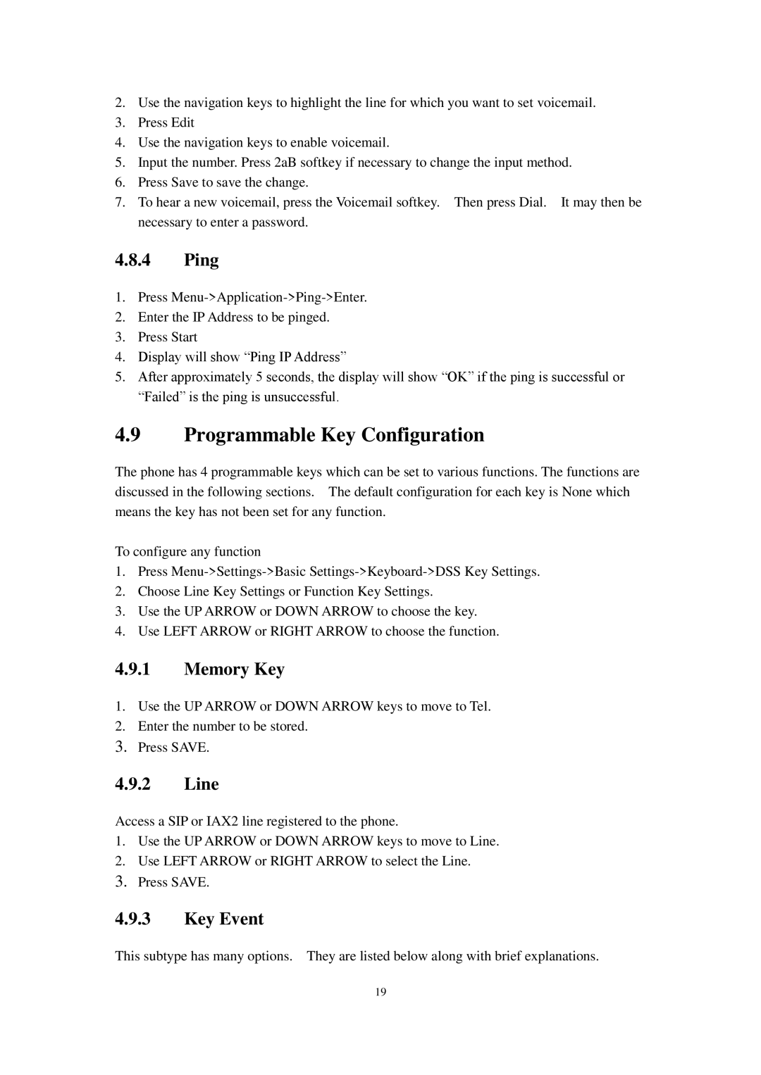 Cortelco C58P user manual Programmable Key Configuration, Ping, Memory Key, Line, Key Event 