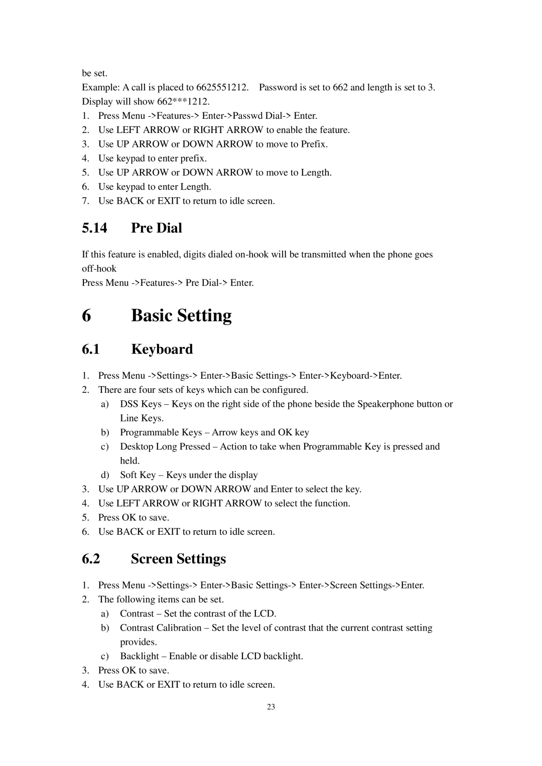 Cortelco C58P user manual Basic Setting, Pre Dial, Keyboard, Screen Settings 