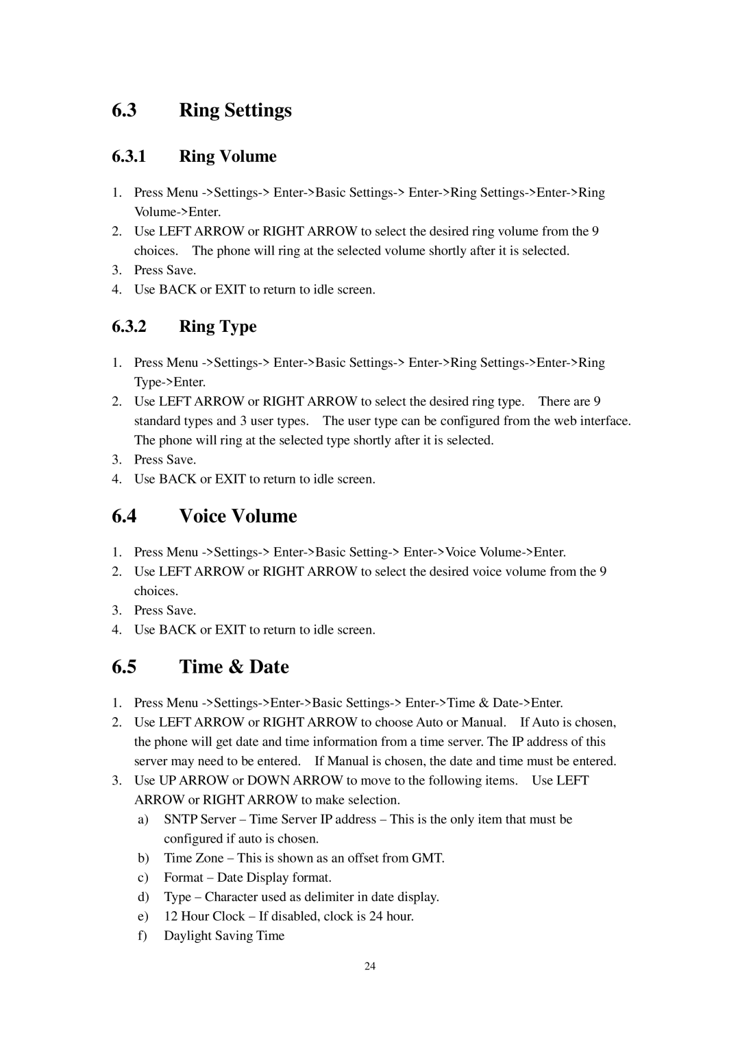 Cortelco C58P user manual Ring Settings, Voice Volume, Time & Date, Ring Volume, Ring Type 