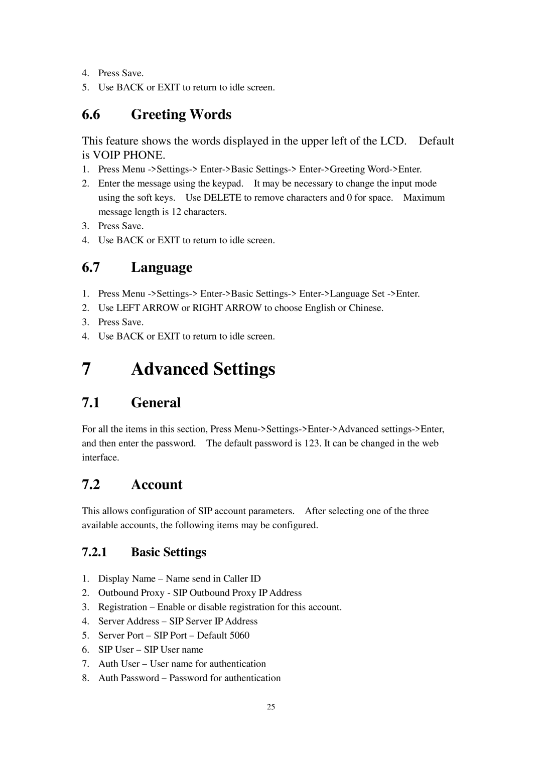 Cortelco C58P user manual Advanced Settings, Greeting Words, Language, General, Account 