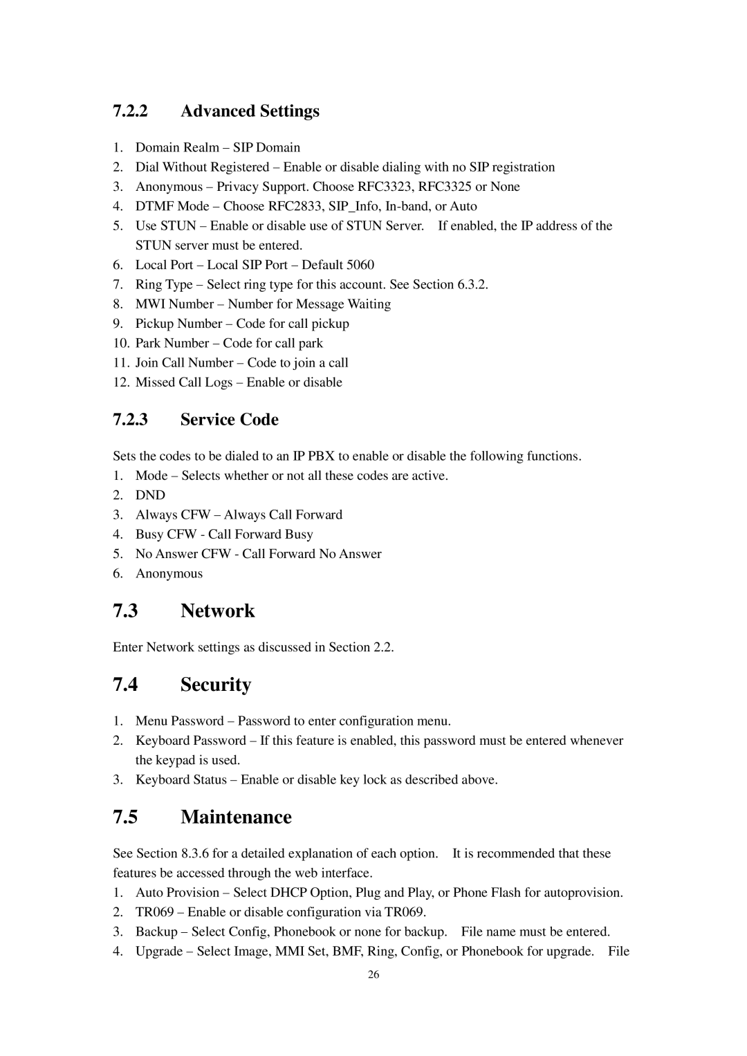 Cortelco C58P user manual Network, Security, Maintenance, Advanced Settings, Service Code 