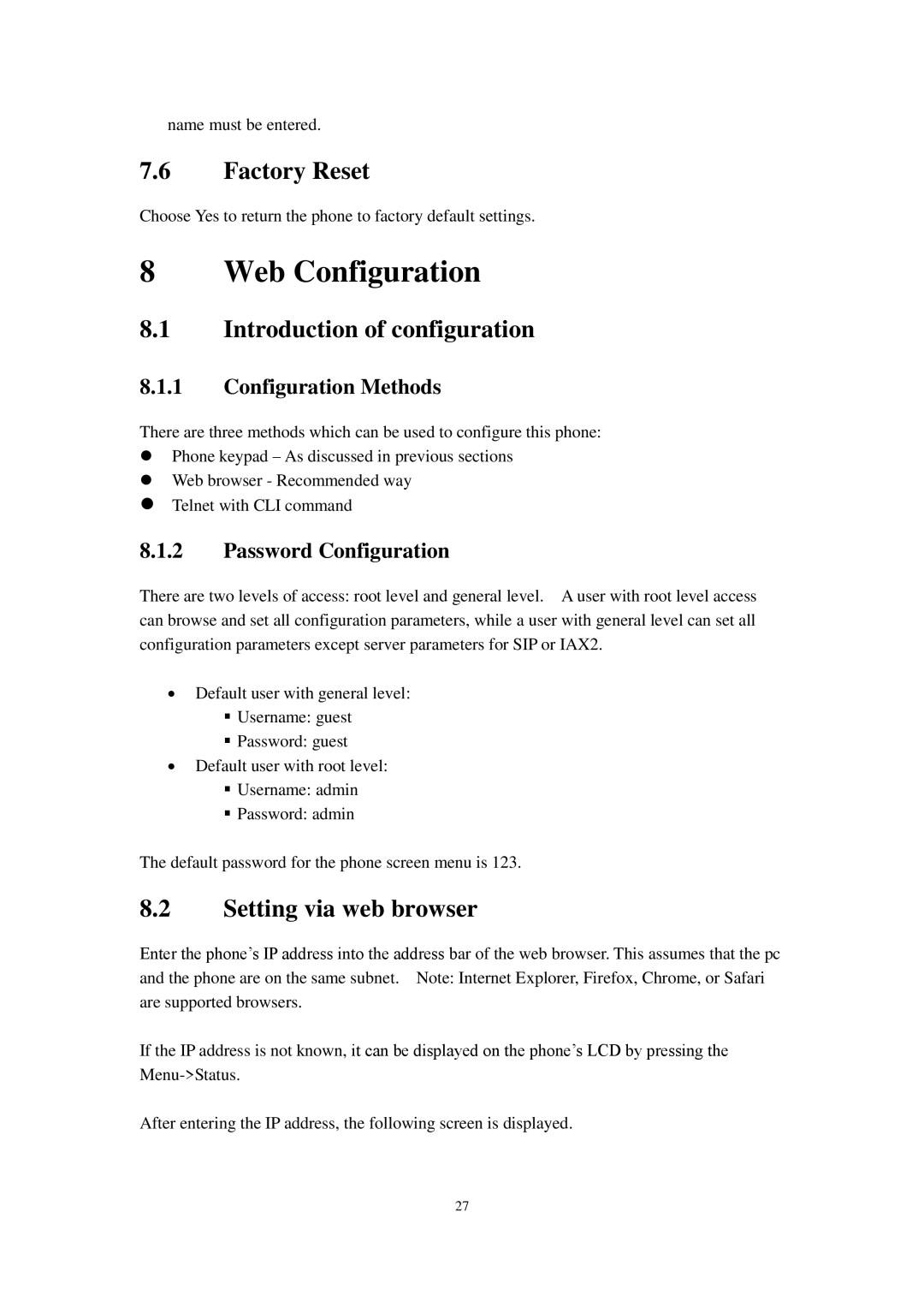 Cortelco C58P user manual Web Configuration, Factory Reset, Introduction of configuration, Setting via web browser 