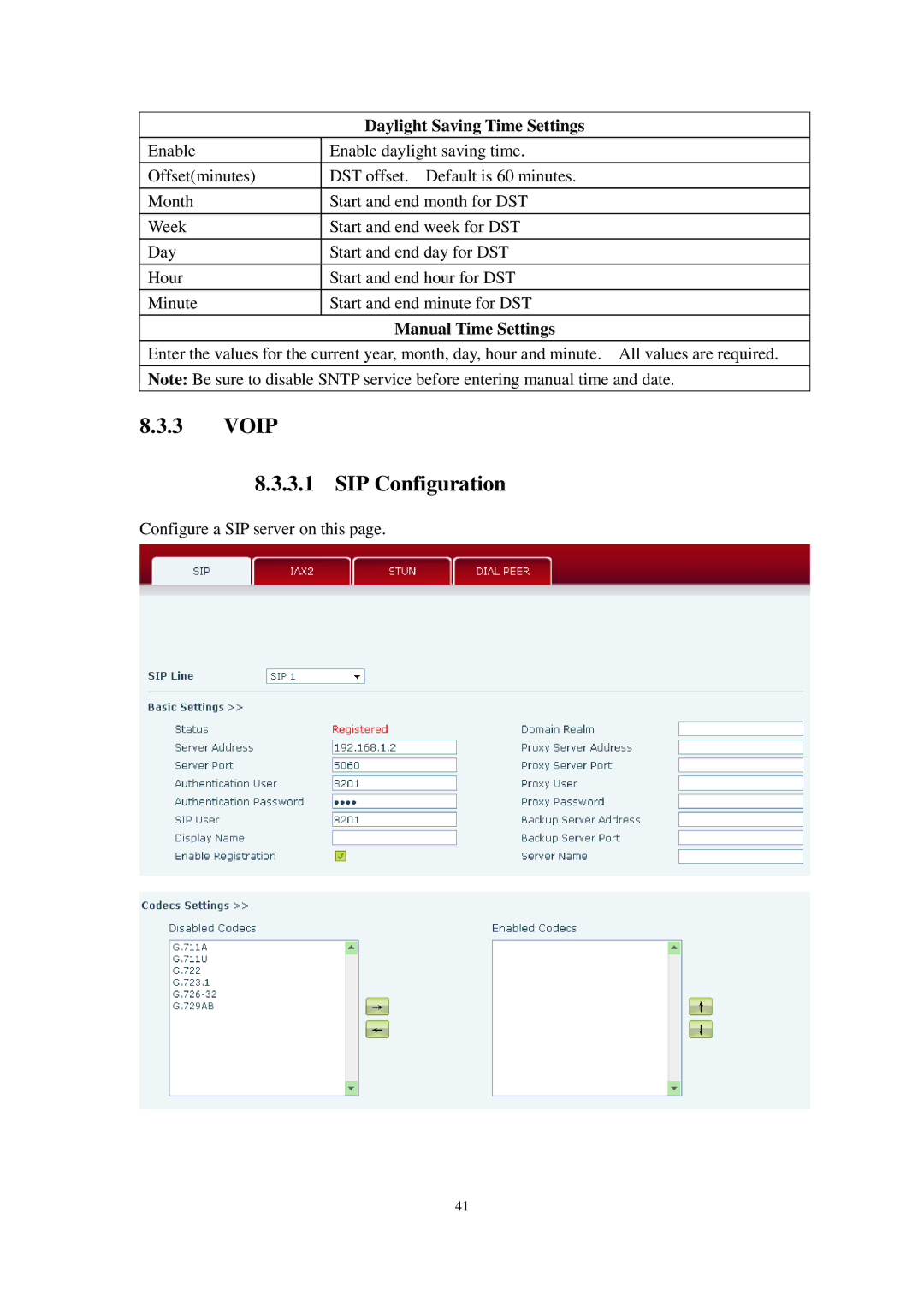 Cortelco C58P user manual Voip SIP Configuration, Daylight Saving Time Settings, Manual Time Settings 