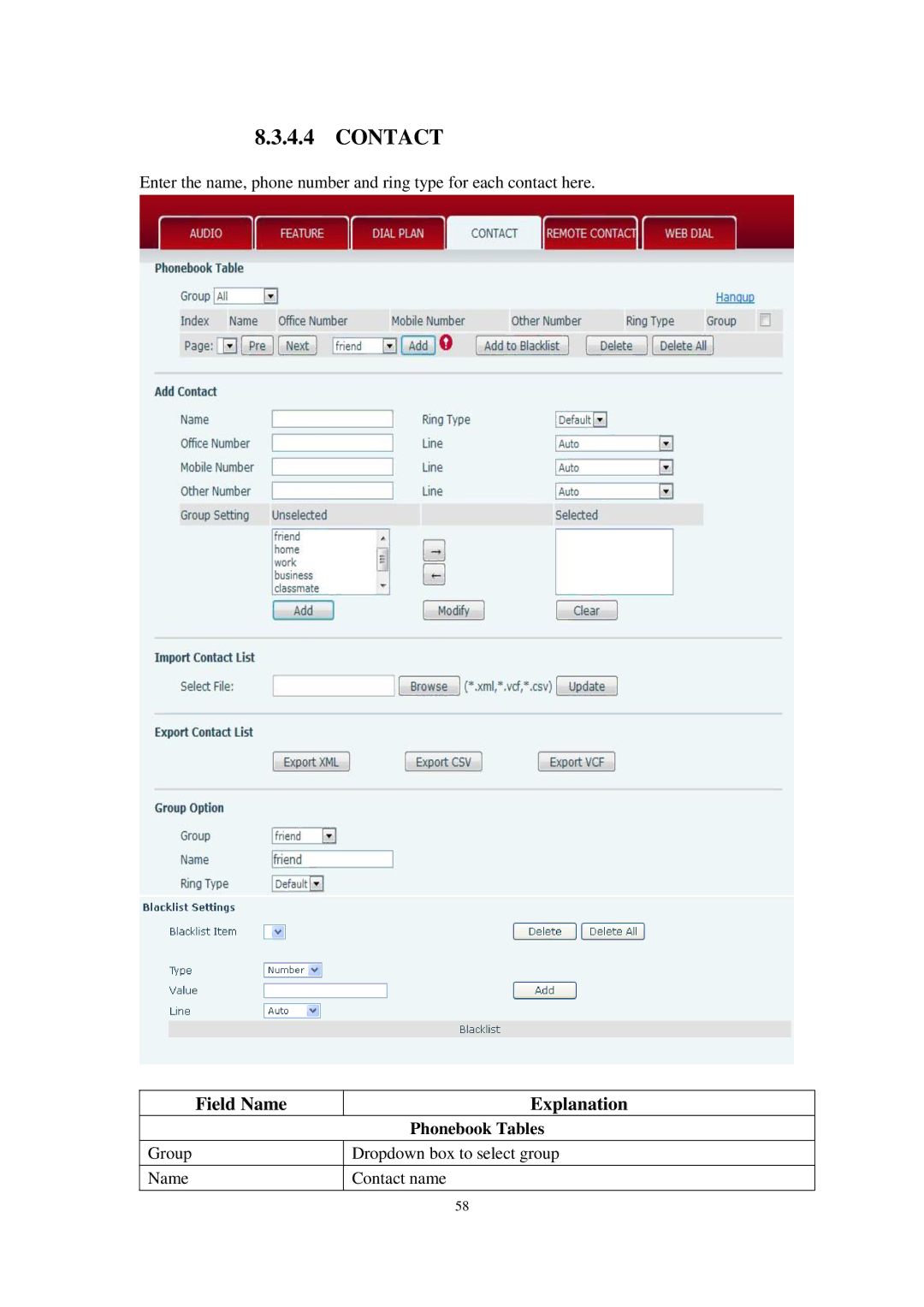 Cortelco C58P user manual Contact, Phonebook Tables 