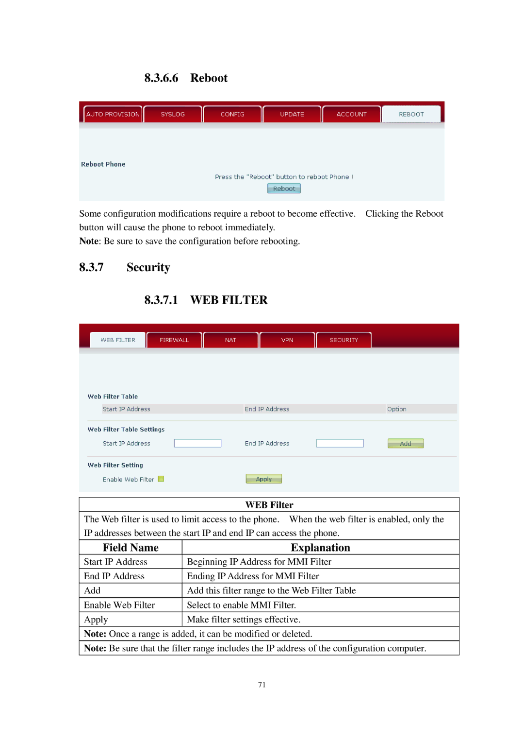 Cortelco C58P user manual Reboot, Security WEB Filter 