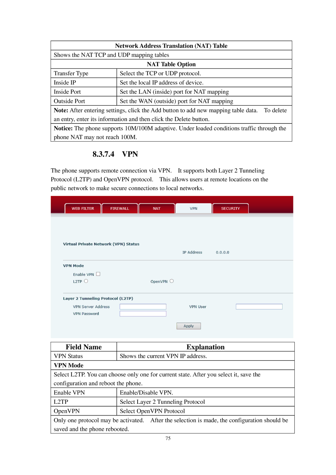 Cortelco C58P user manual 7.4 VPN, Network Address Translation NAT Table, NAT Table Option, VPN Mode 