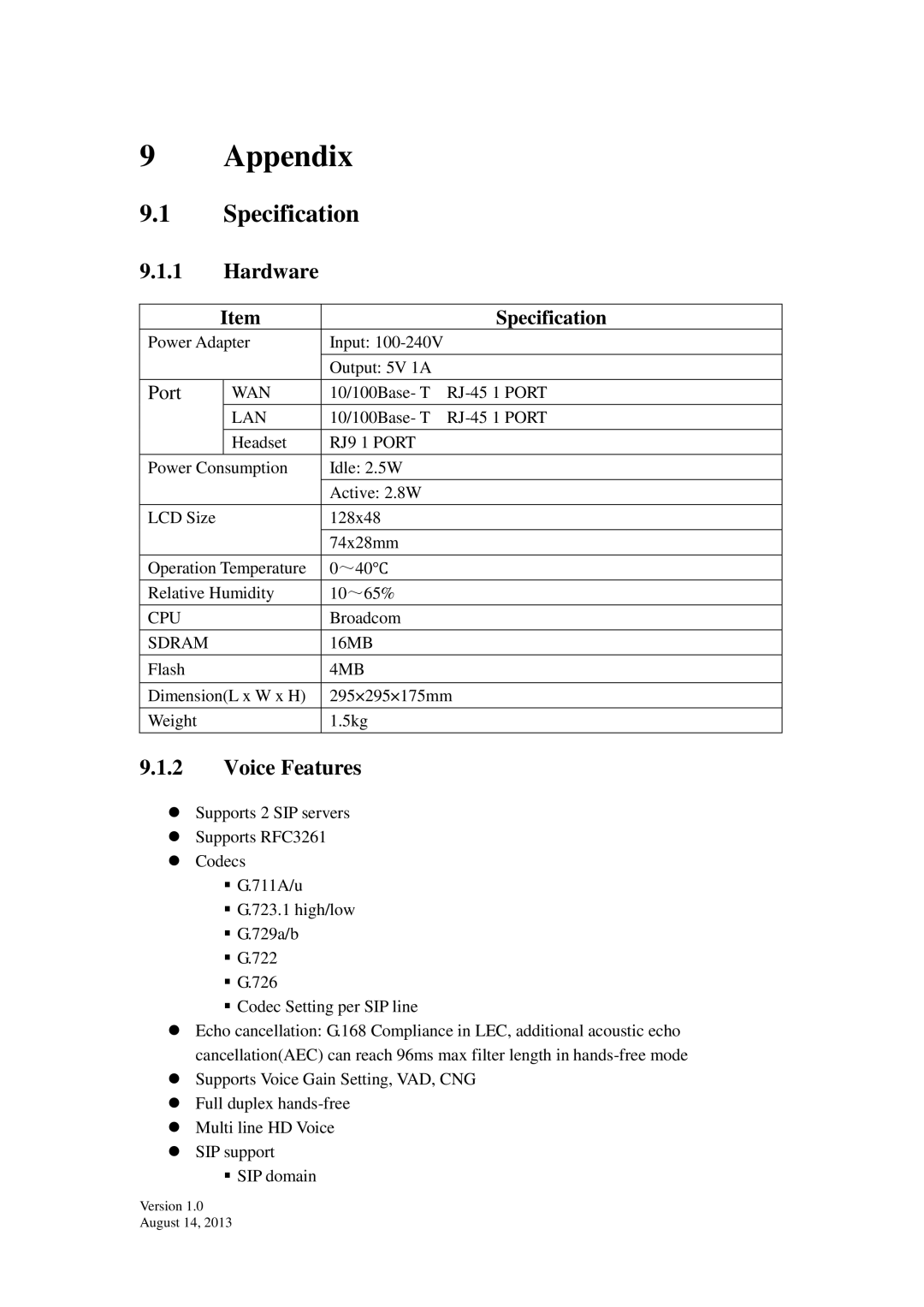 Cortelco C58P user manual Appendix, Specification, Hardware, Voice Features 