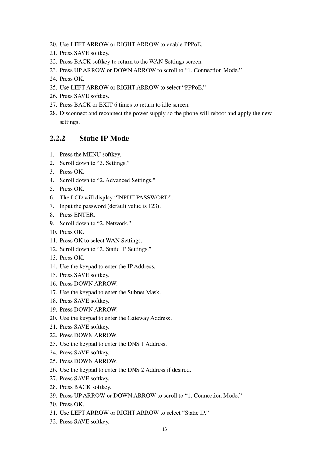 Cortelco C60 user manual Static IP Mode 