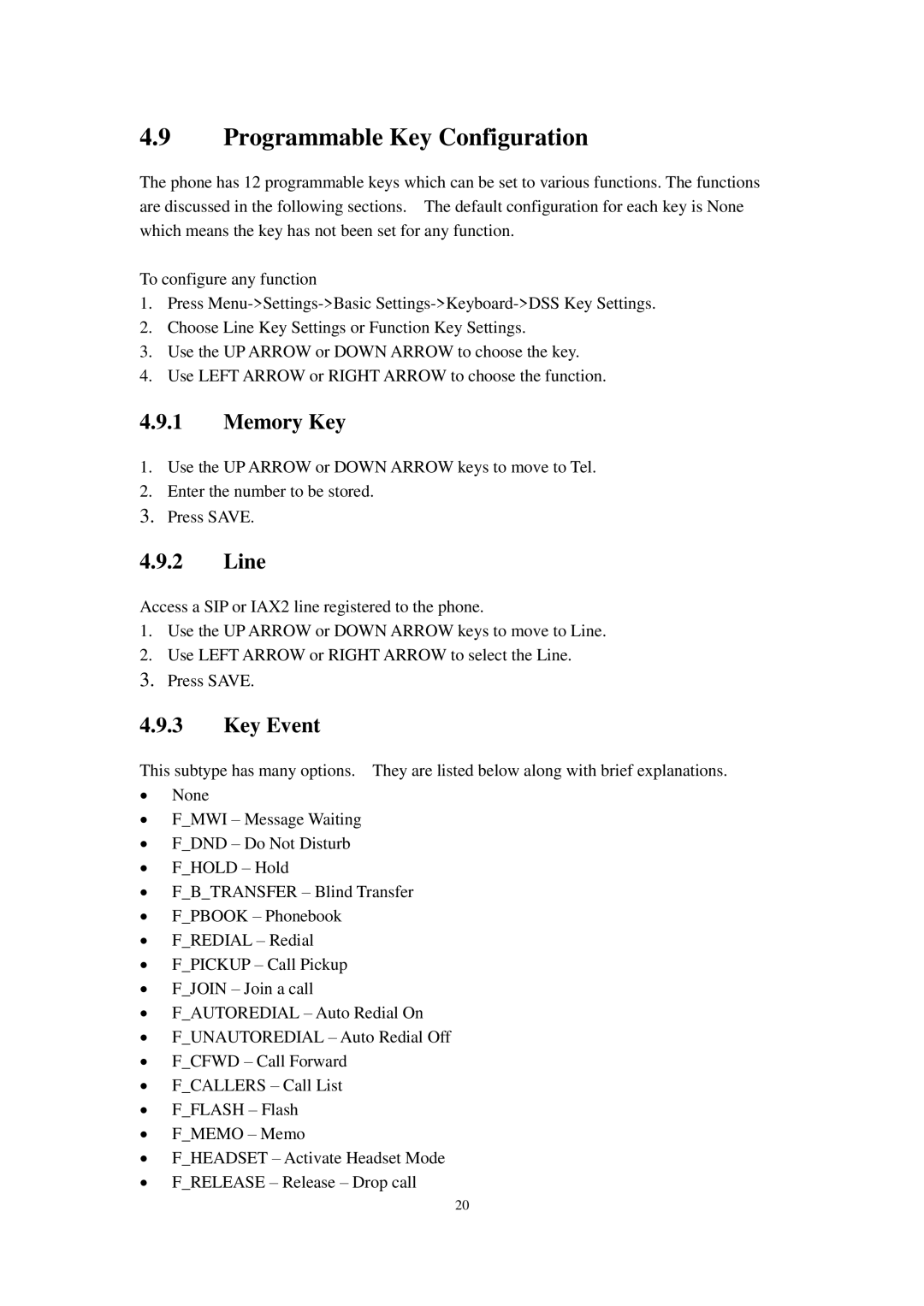 Cortelco C60 user manual Programmable Key Configuration, Memory Key, Line, Key Event 