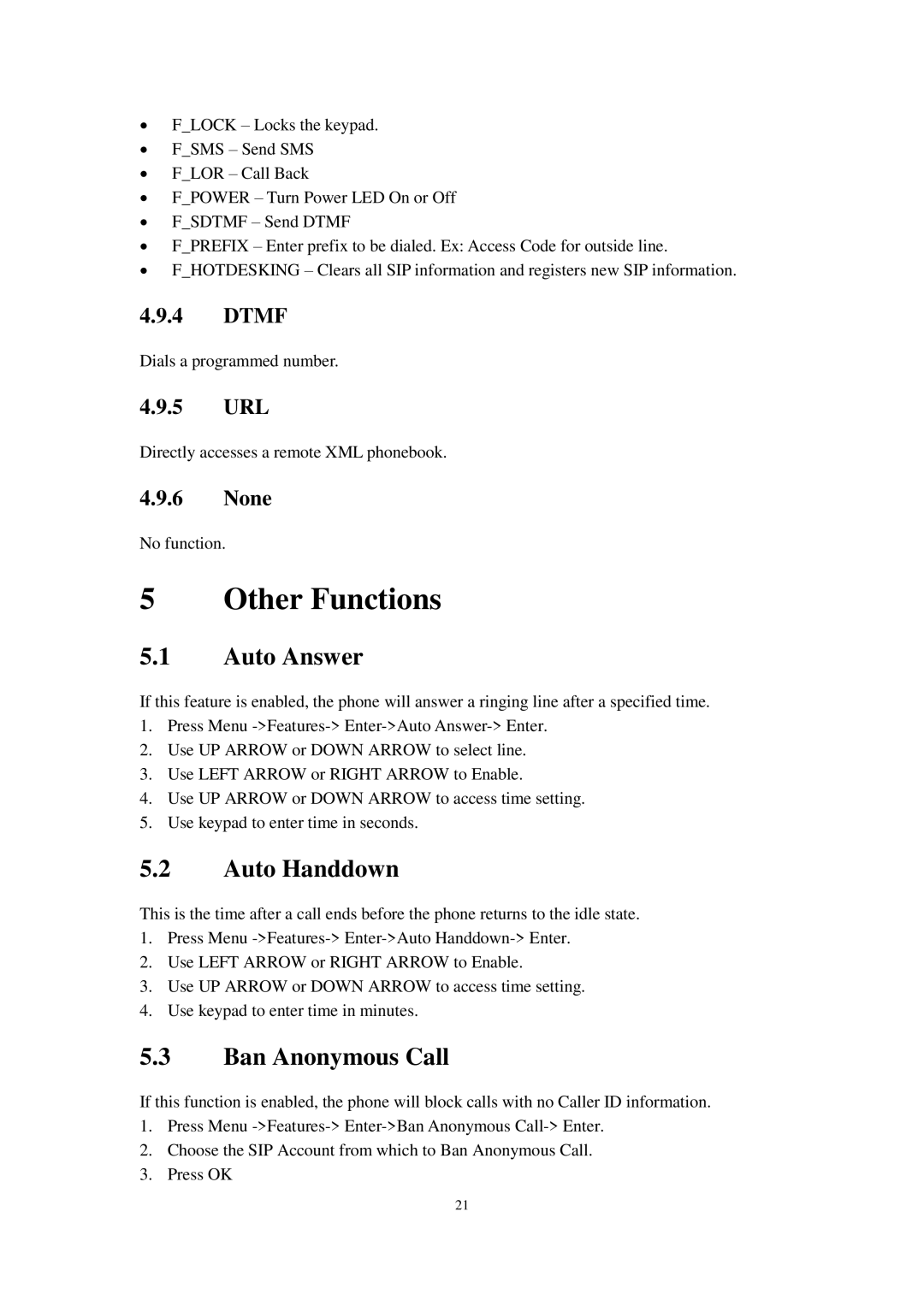 Cortelco C60 user manual Other Functions, Auto Handdown, Ban Anonymous Call 