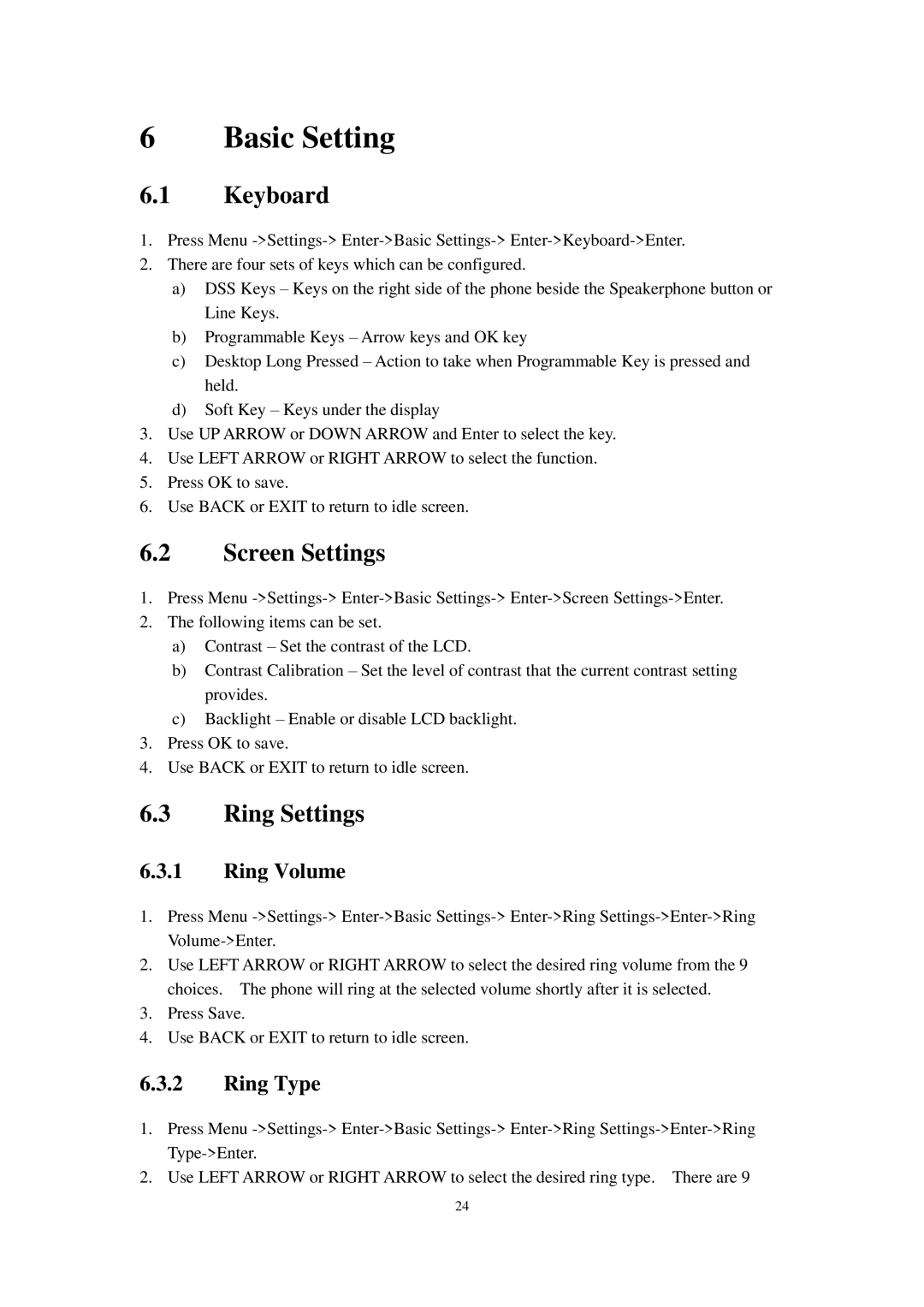 Cortelco C60 user manual Basic Setting, Keyboard, Screen Settings, Ring Settings 