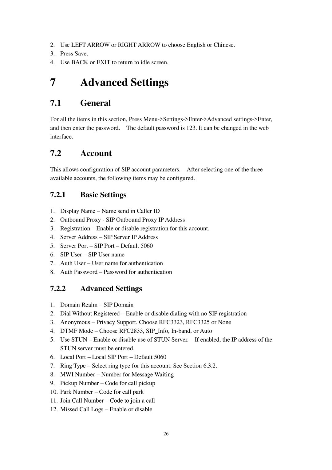 Cortelco C60 user manual Advanced Settings, General, Account, Basic Settings 