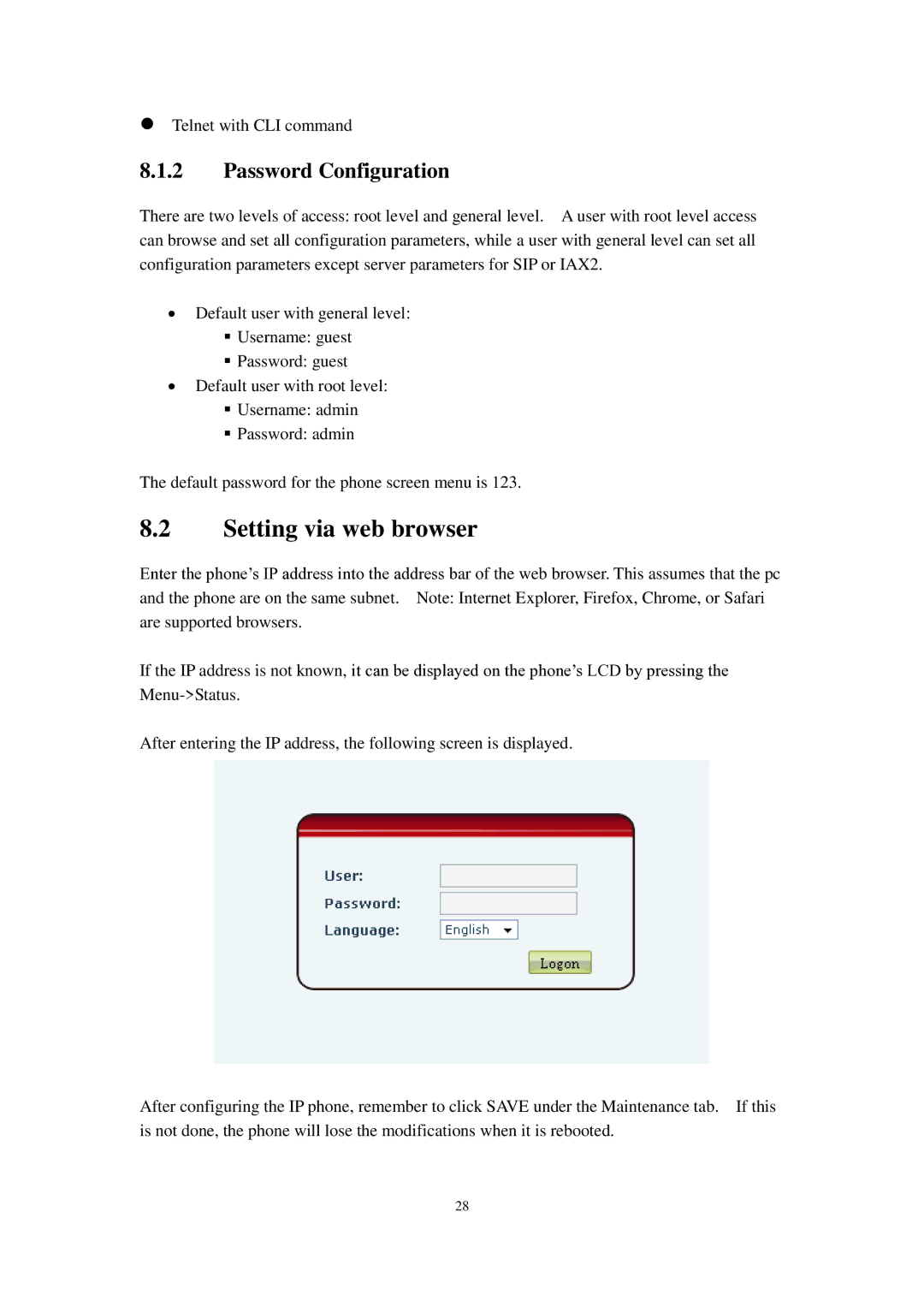 Cortelco C60 user manual Setting via web browser, Password Configuration 