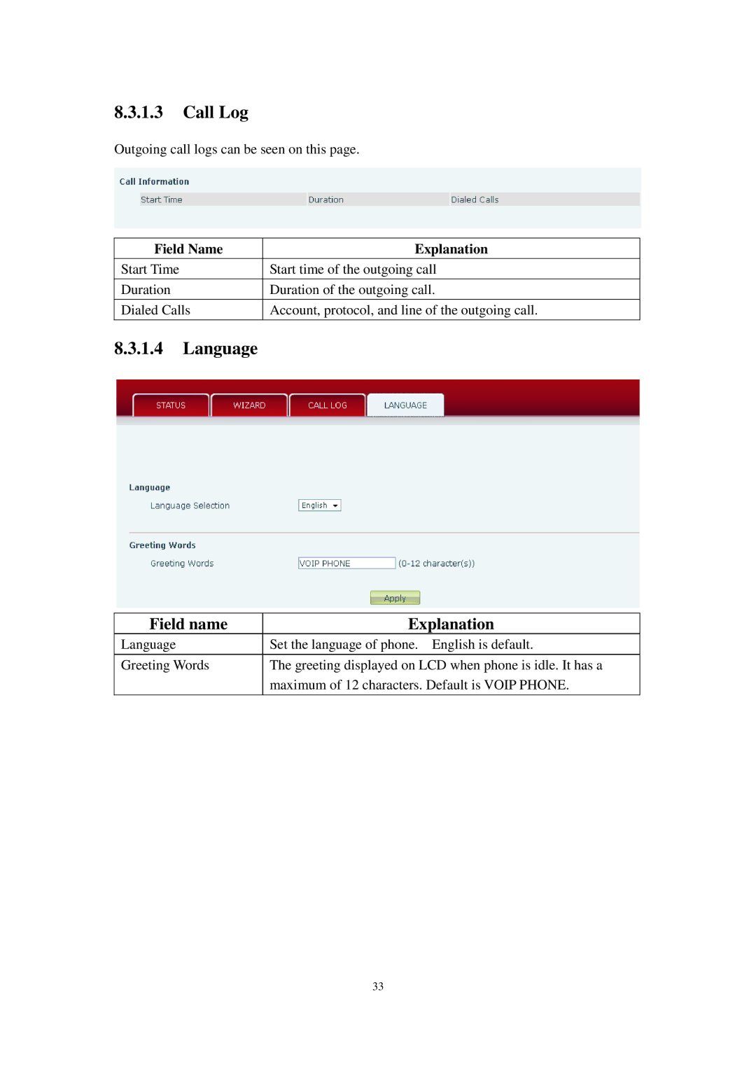 Cortelco C60 user manual Call Log, Language 