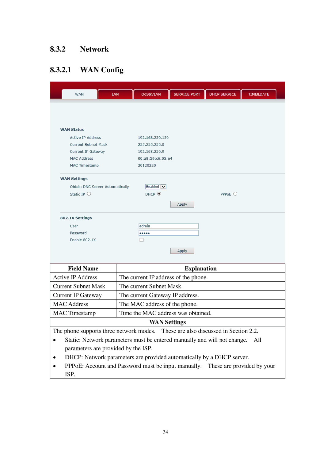 Cortelco C60 user manual Network WAN Config, WAN Settings 