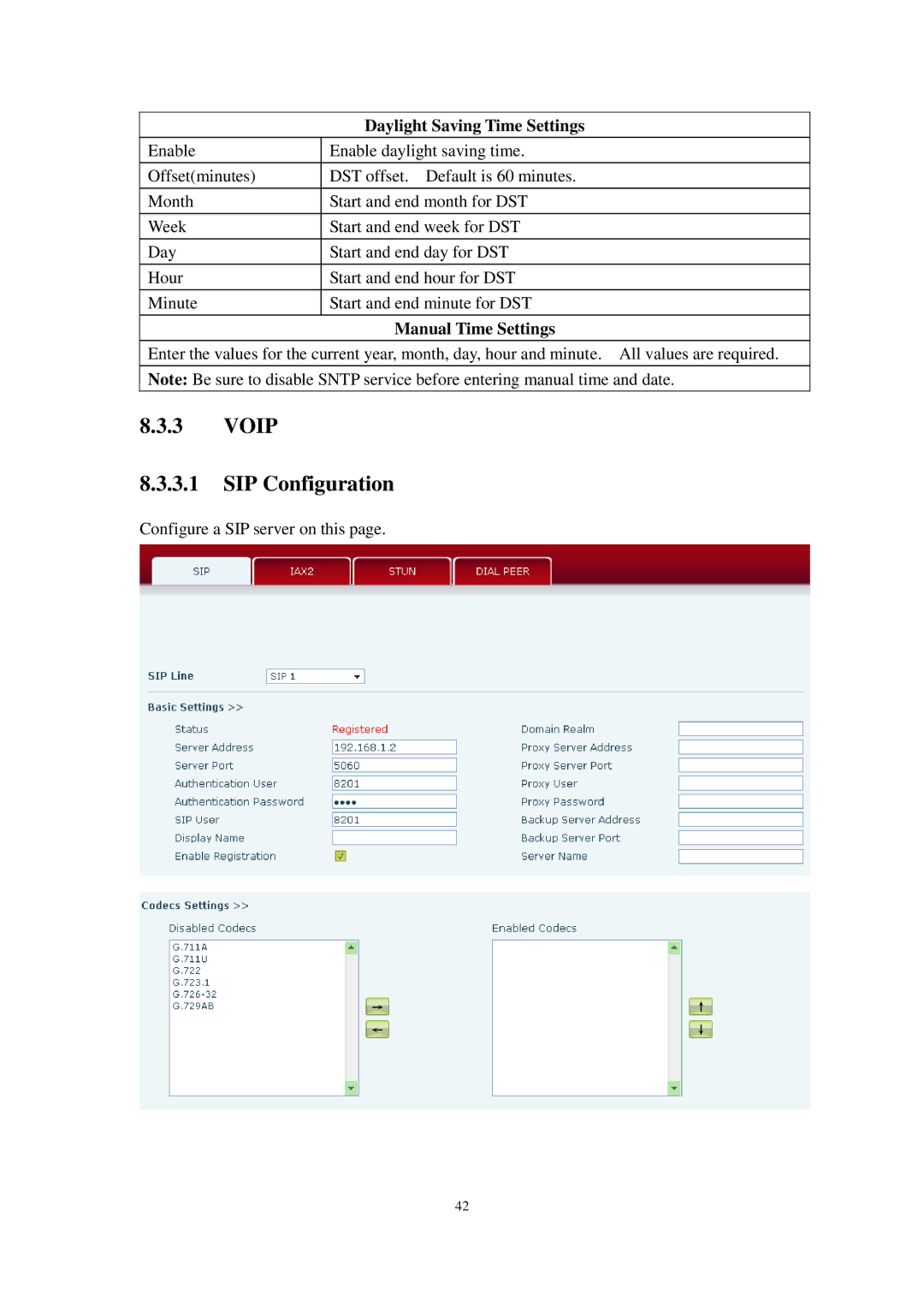 Cortelco C60 user manual Voip SIP Configuration, Daylight Saving Time Settings, Manual Time Settings 