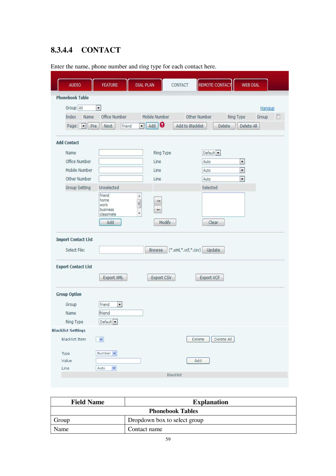 Cortelco C60 user manual Contact, Phonebook Tables 