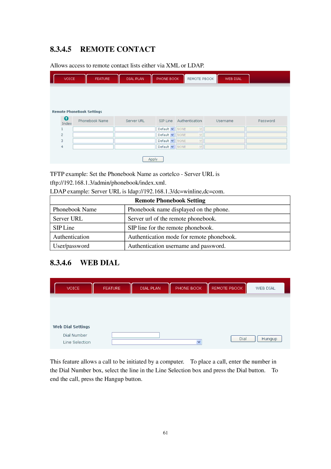 Cortelco C60 user manual WEB Dial, Remote Phonebook Setting 