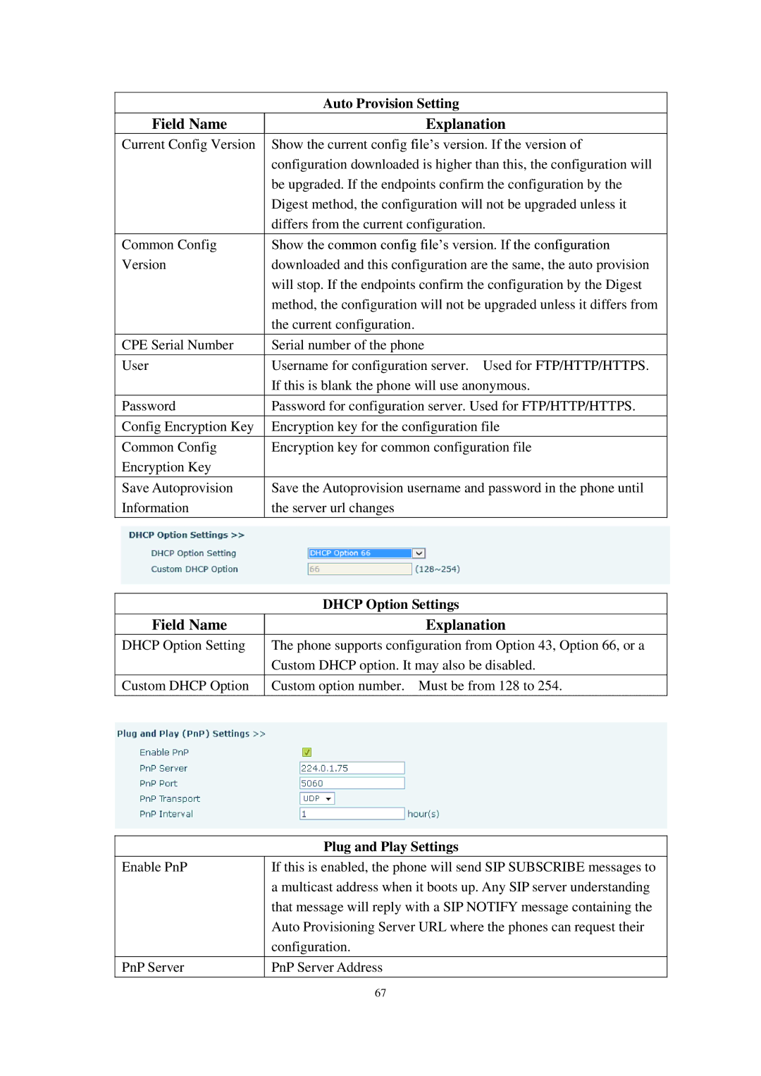 Cortelco C60 user manual Auto Provision Setting, Dhcp Option Settings, Plug and Play Settings 