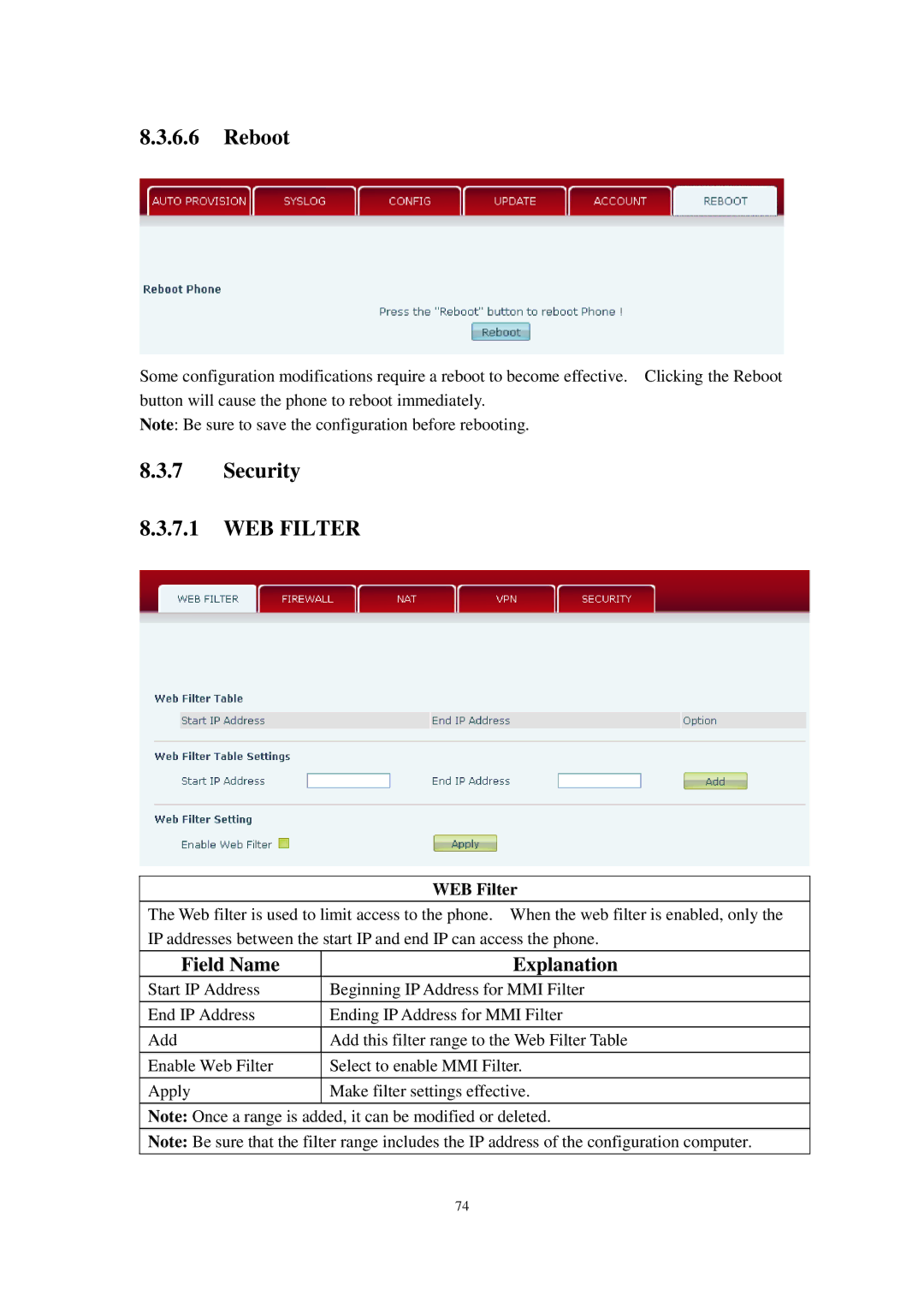 Cortelco C60 user manual Reboot, Security WEB Filter 