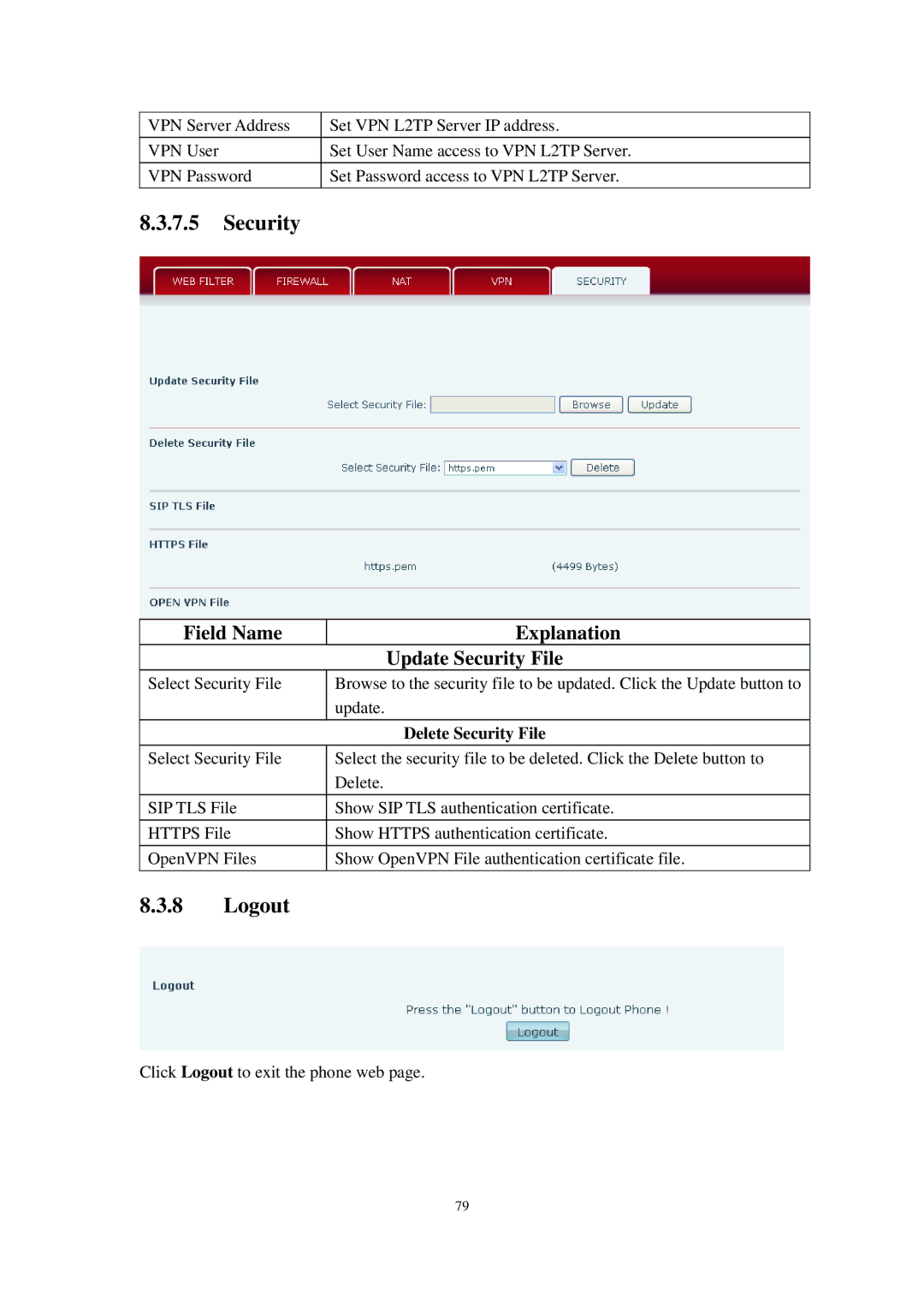 Cortelco C60 user manual Logout, Delete Security File 