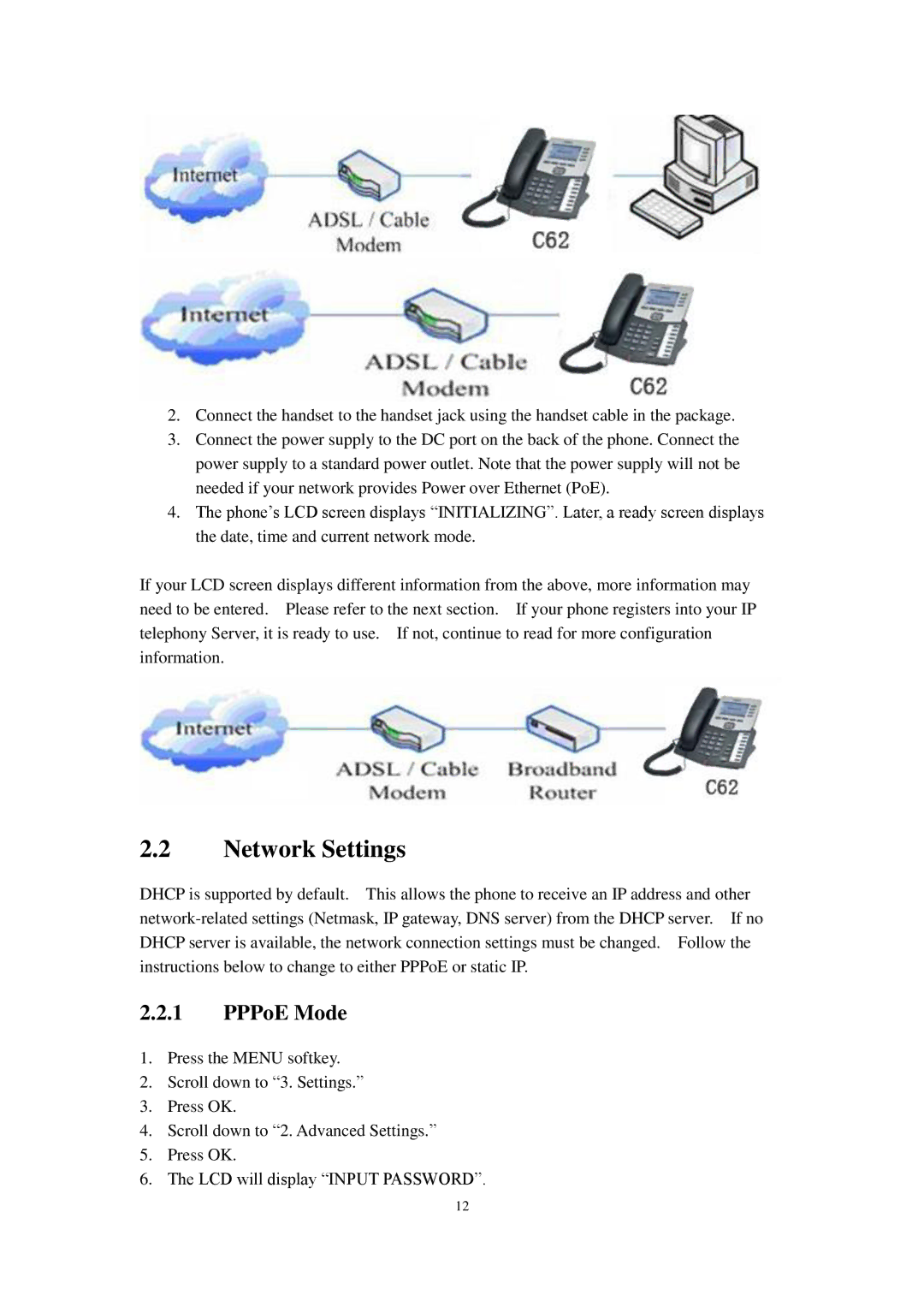 Cortelco C62 user manual Network Settings, PPPoE Mode 