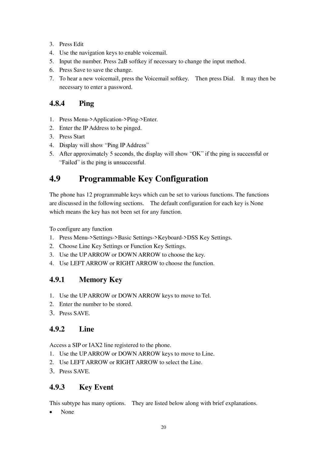 Cortelco C62 user manual Programmable Key Configuration, Ping, Memory Key, Line, Key Event 