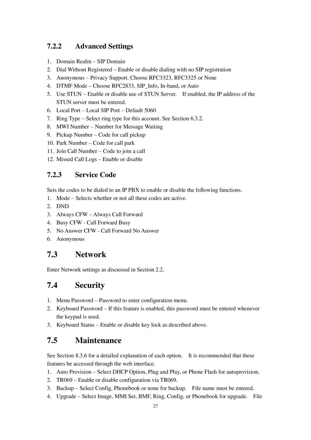 Cortelco C62 user manual Network, Security, Maintenance, Advanced Settings, Service Code 