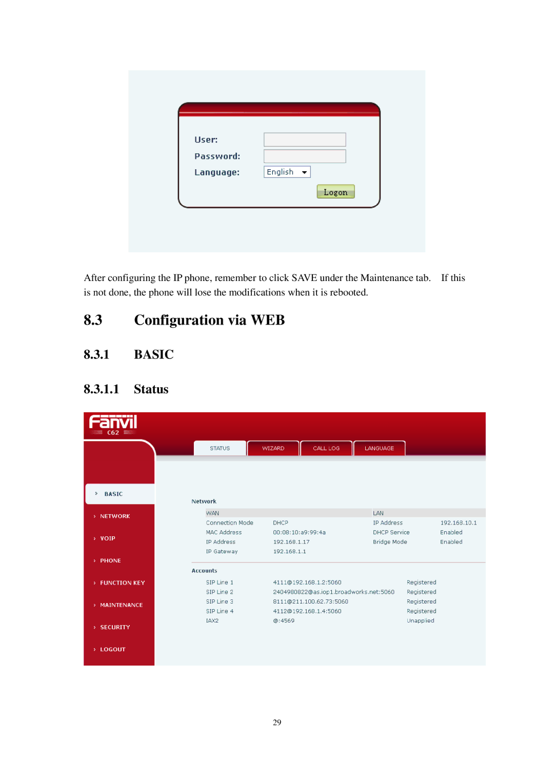 Cortelco C62 user manual Configuration via WEB, Basic Status 